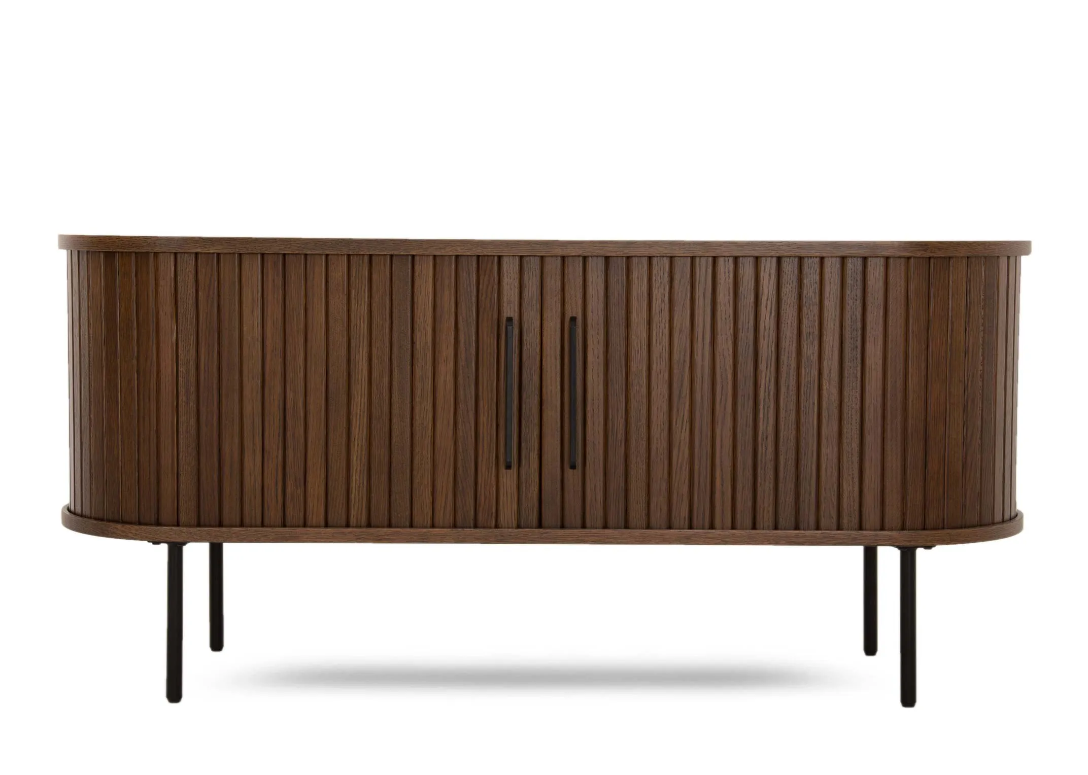 A smoked oak tv unit with a slatted tambour double door from EZ Livings Nola range.  Side view of curved doors