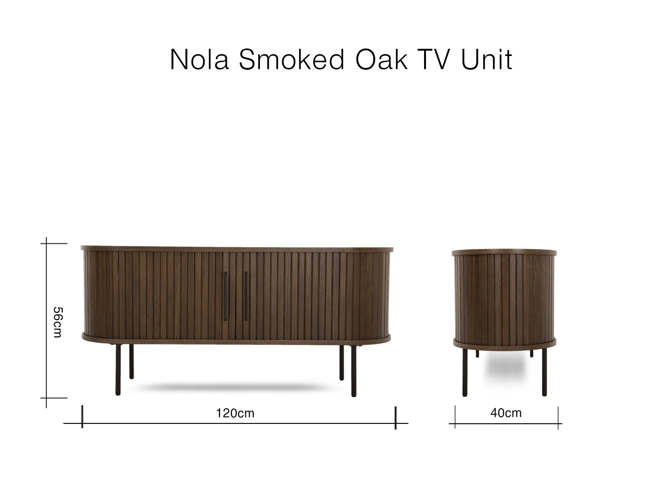 A dimension image of the Nola Smoked Oak TV Unit with 120cm x 40cm x 56cm