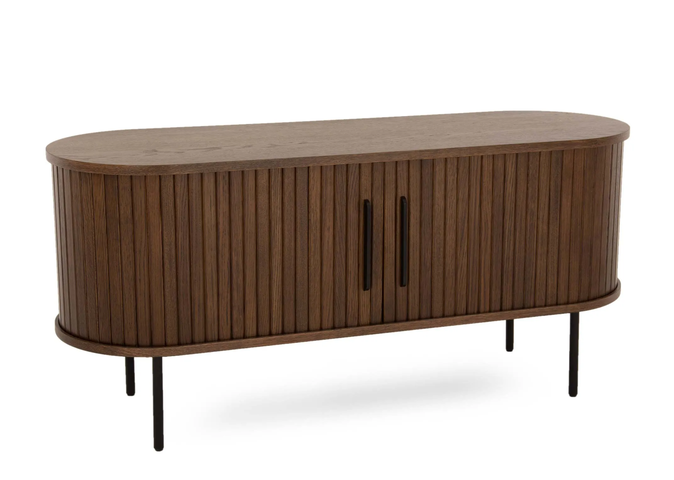 A smoked oak tv unit with a slatted tambour double door from EZ Livings Nola range. Angled view of skinny legs.