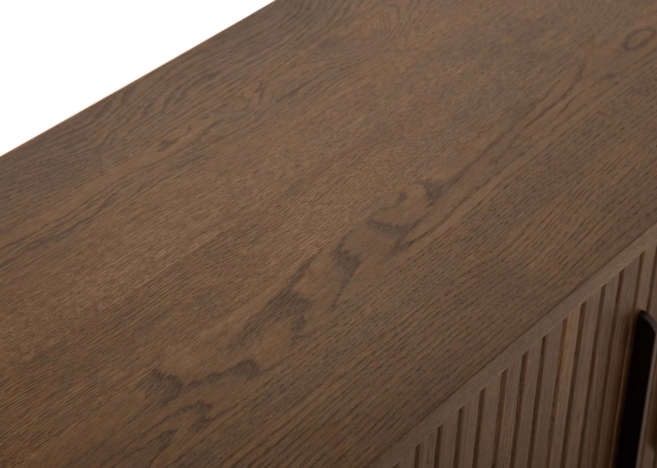 A smoked oak tv unit with a slatted tambour double door from EZ Livings Nola range.  Front view with doors closed of tambour finish