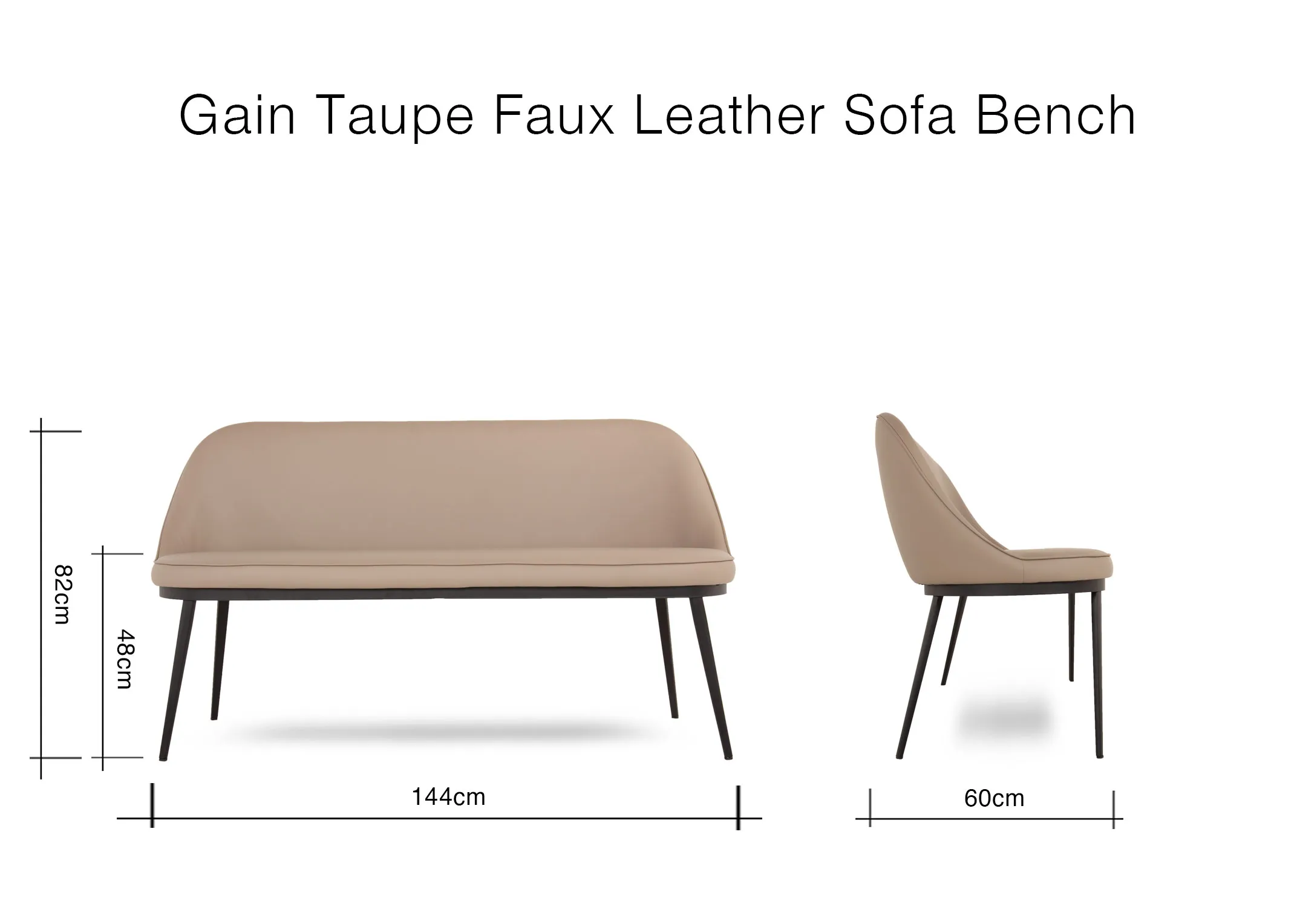 A dimension image of the Gain taupe sofa bench with 140cm x 60cm x 82cm H