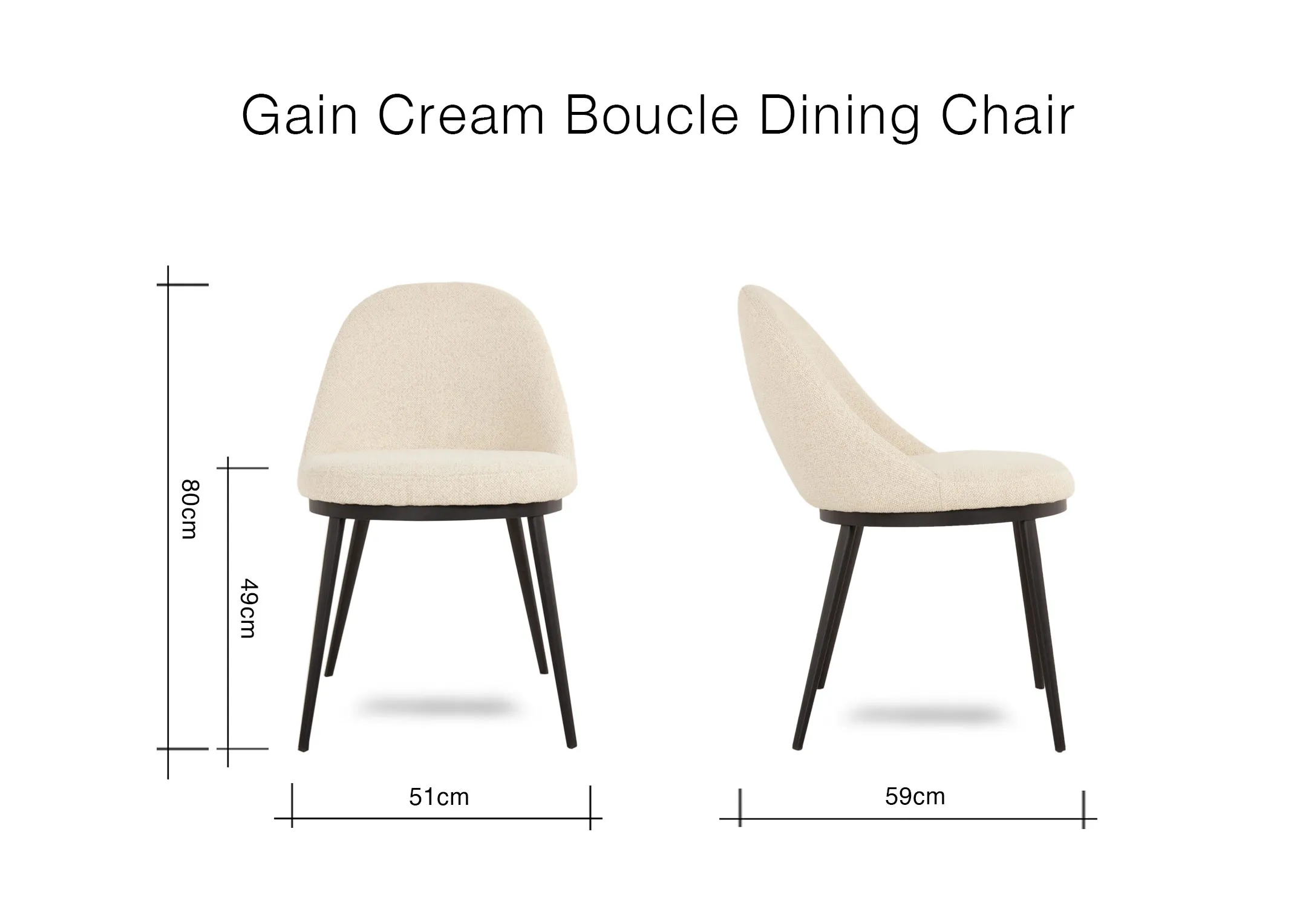 A dimension image of the Gain Boucle Dining chair with 51cm x 59cm x 80cm