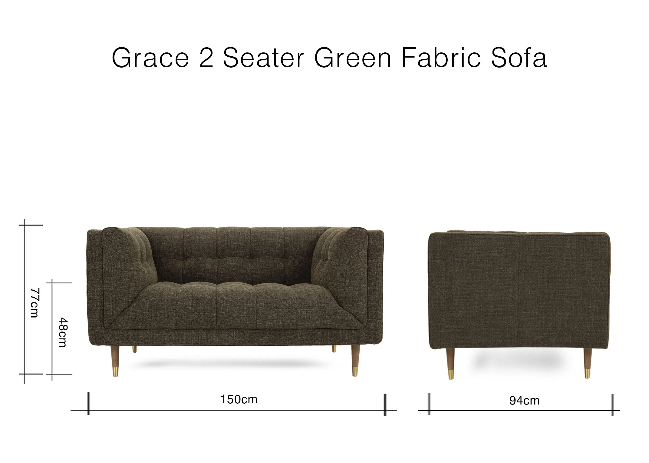A dimension image of the Grace 2 Seater sofa with 160cm x 94cm x 77cm x 48cm