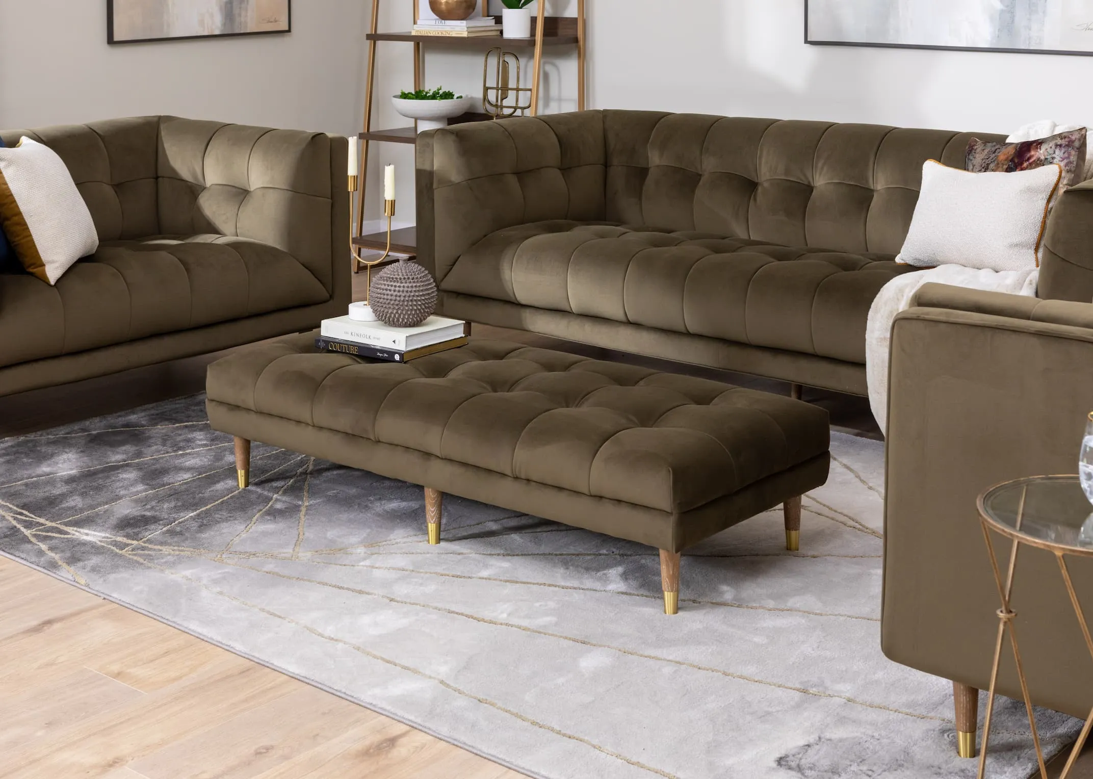 A lifestyle image of the Grace footstool with 3.5 seater and 2 seater sofa with avery rug.