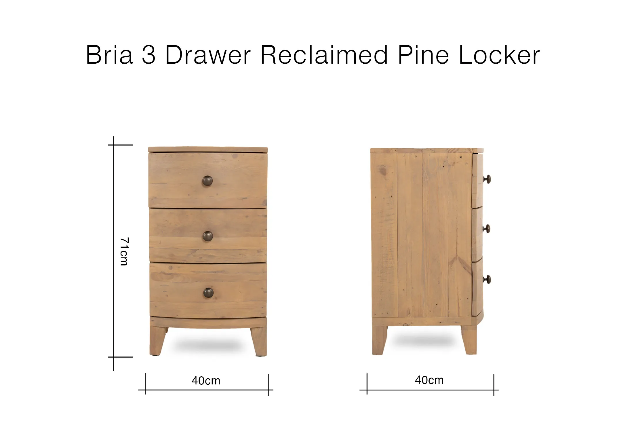 A dimension image of the Bria 3 Drawer locker with 40cm x 40cm x 71cm