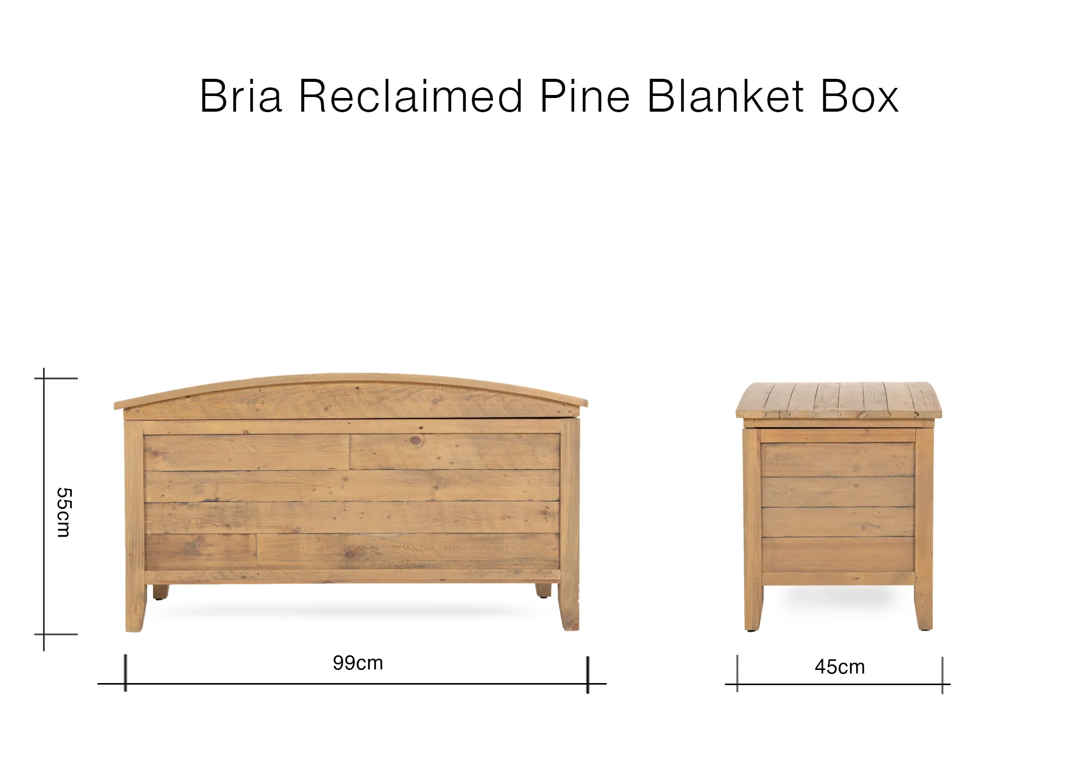 A dimension image of the Bria Reclaimed Blaket box with 99cm x 45cm x 55cm