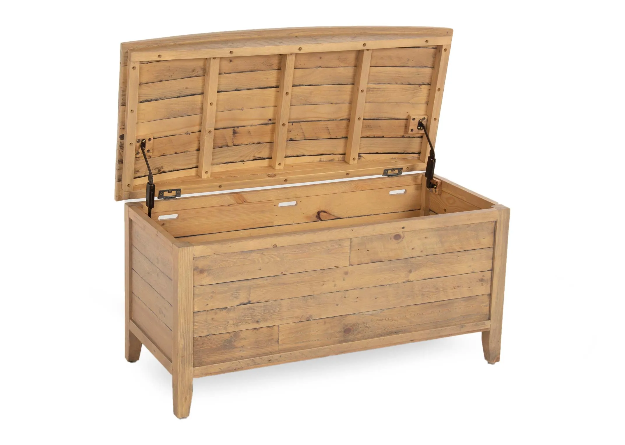 A reclaimed pine blanket from EZ Living Furnitures Bria range. Open chest with lid revealing slats and reclaimed rustic wood finish