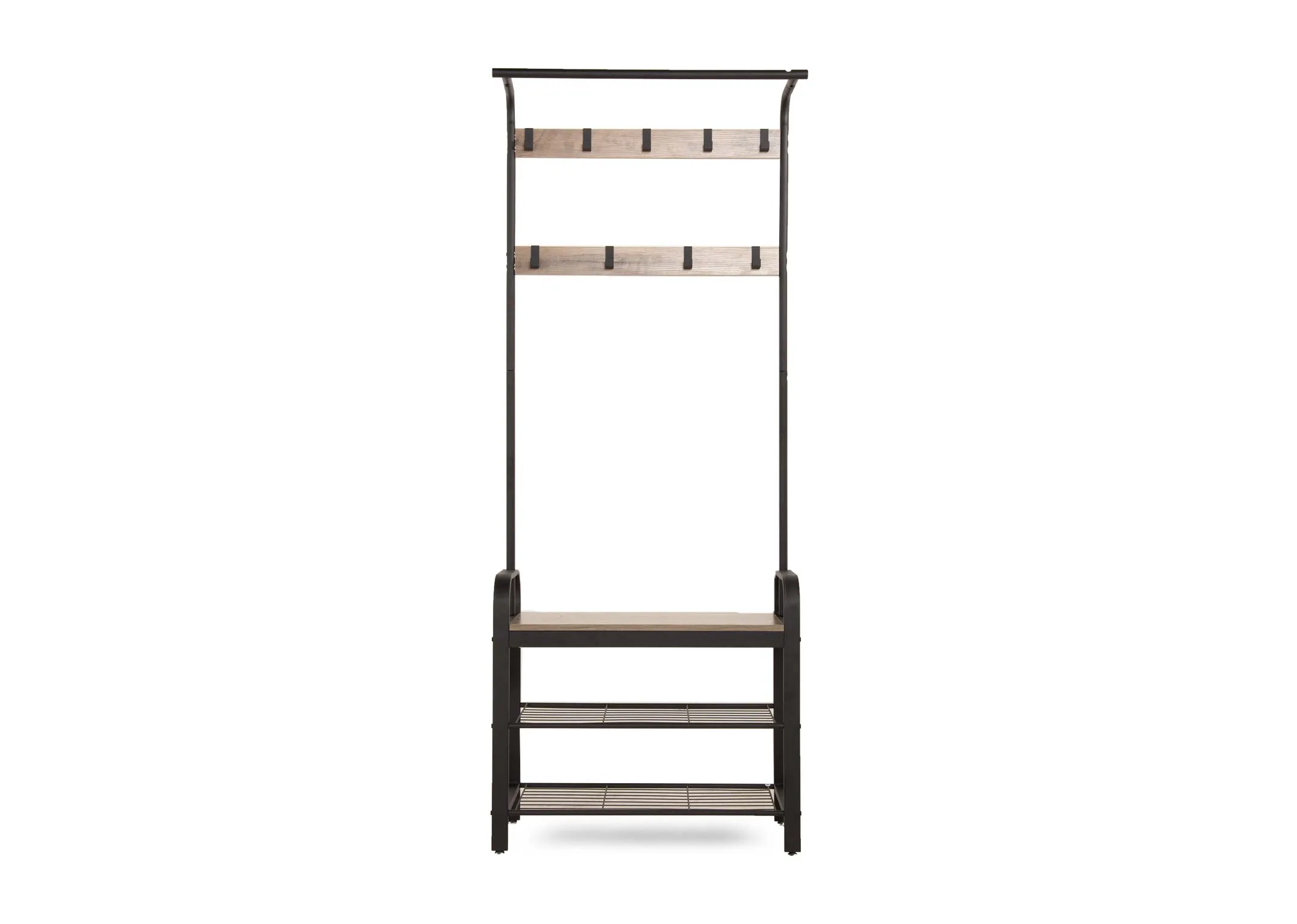 A wood & metal coat stand with shoe rack from EZ Livings Barrow range. Closeup of foot stoppers