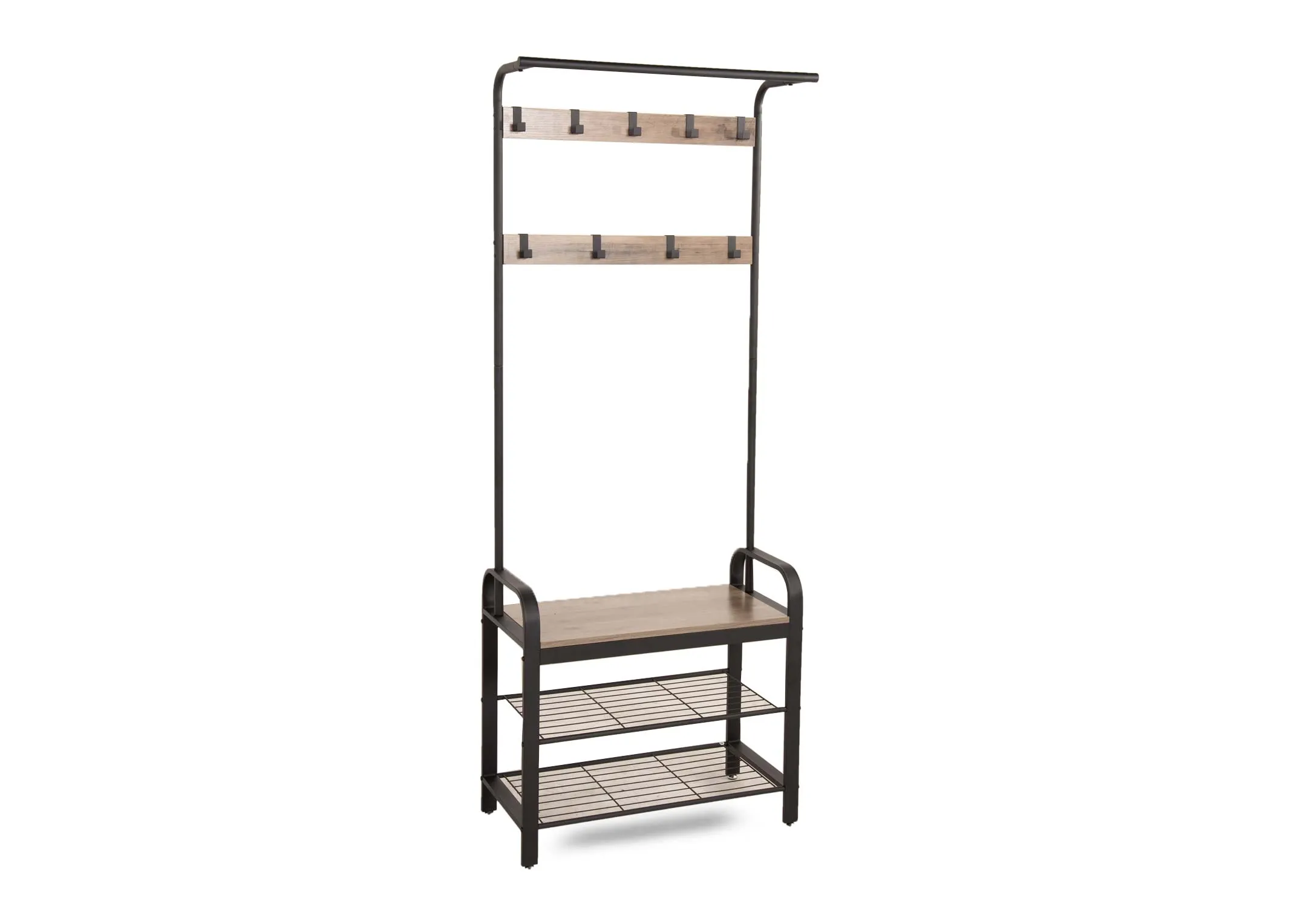 A wood & metal coat stand with shoe rack from EZ Livings Barrow range. Angled view of light wood seat