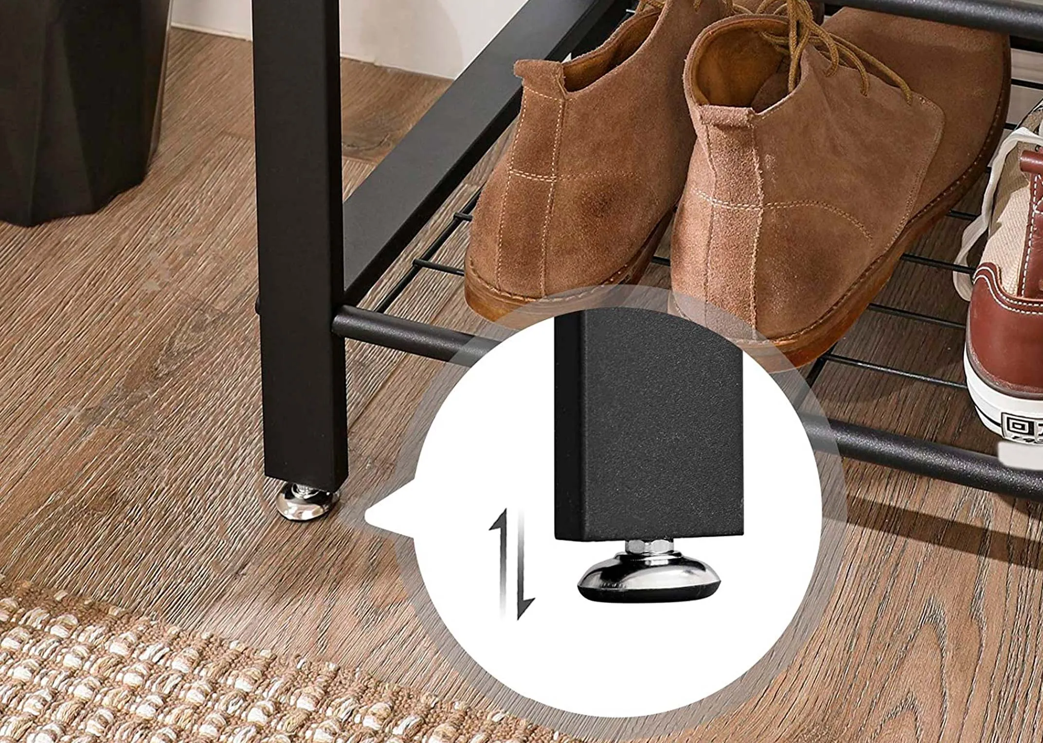 A wood & metal coat stand with shoe rack from EZ Living's Barrow range. View of rack with coat