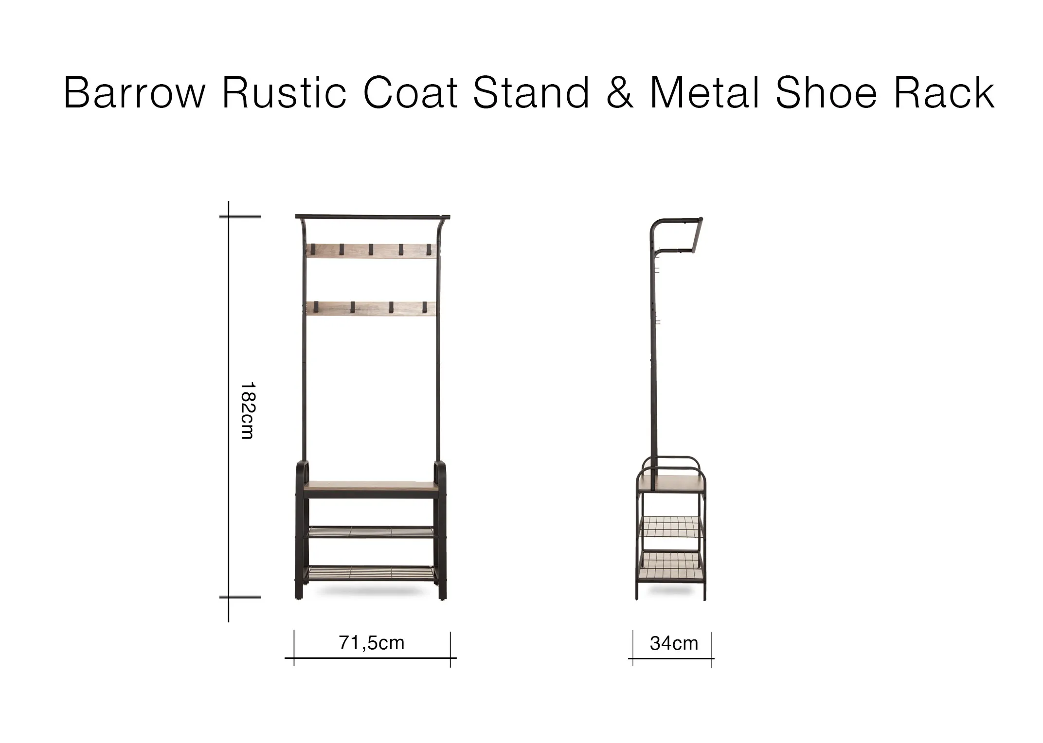 A dimension image of the Barrow Coat Stand with 72cm (Width) x 183cm (Height) x 33.7cm (Depth)