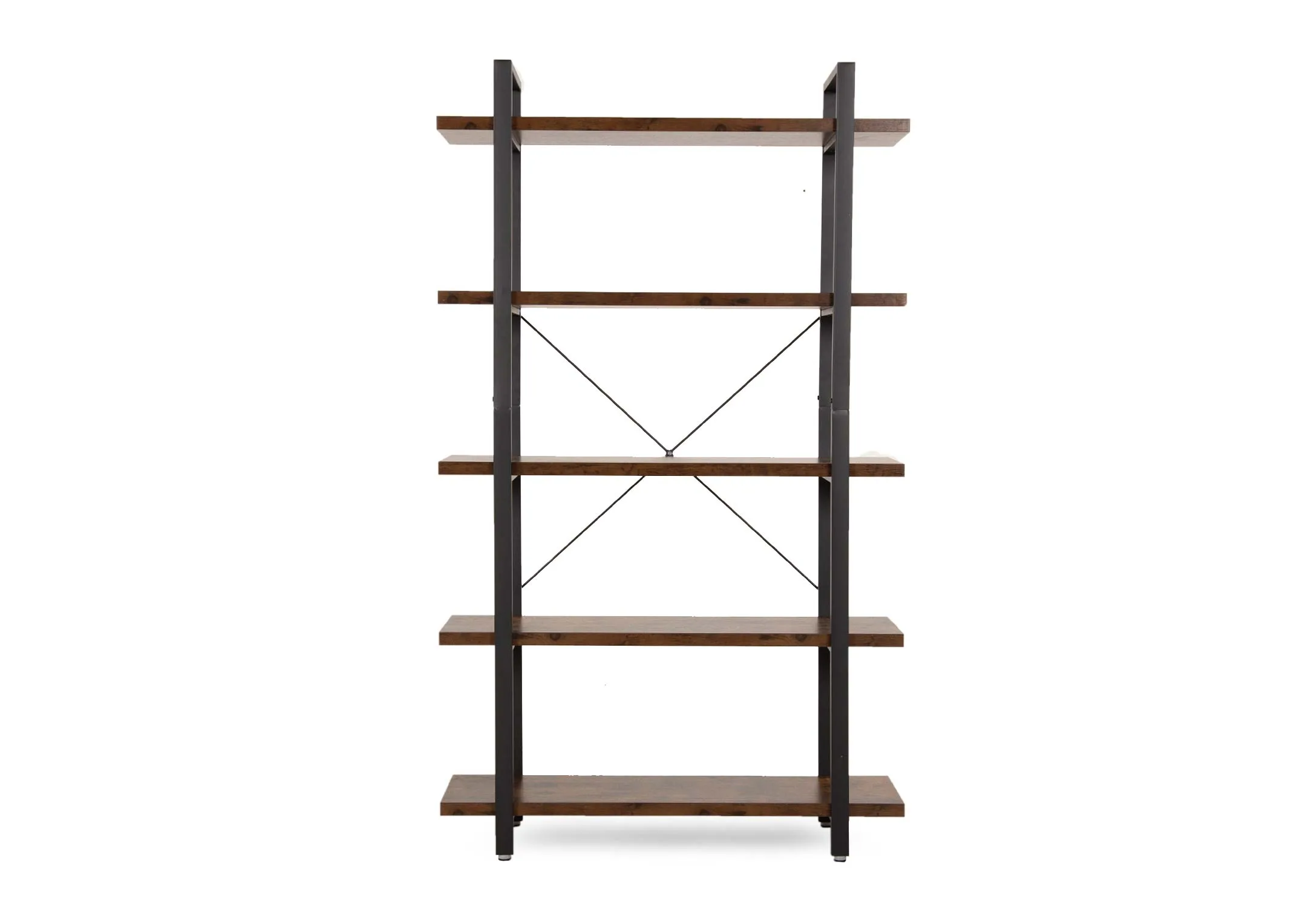 A 5 tier wood open display book case with metal frame from EZ Living Furnitures Kenzie range. Front view of 5 spacious shelves