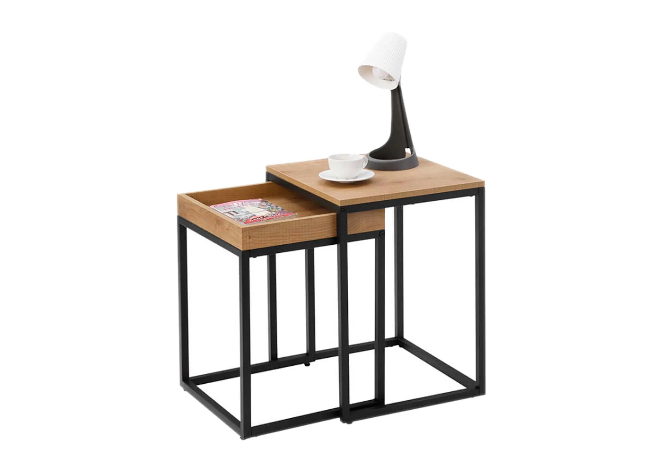 A nest of 2 square tables from EZ Living Furniture's Kyoto range. Closeup pf wood and metal textures