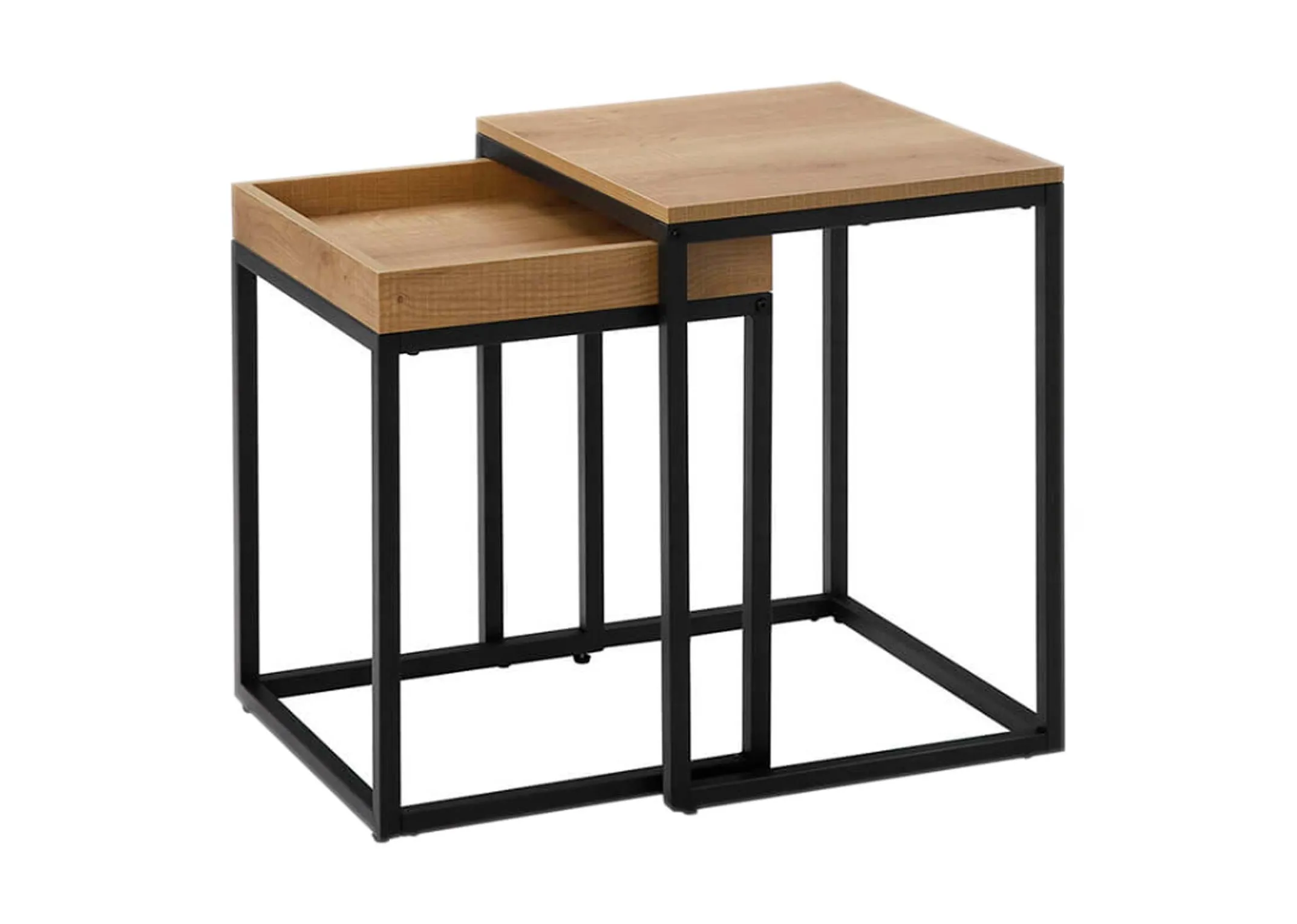 A nest of 2 square tables from EZ Living Furniture's Kyoto range. Angled view of wood & tray tops.