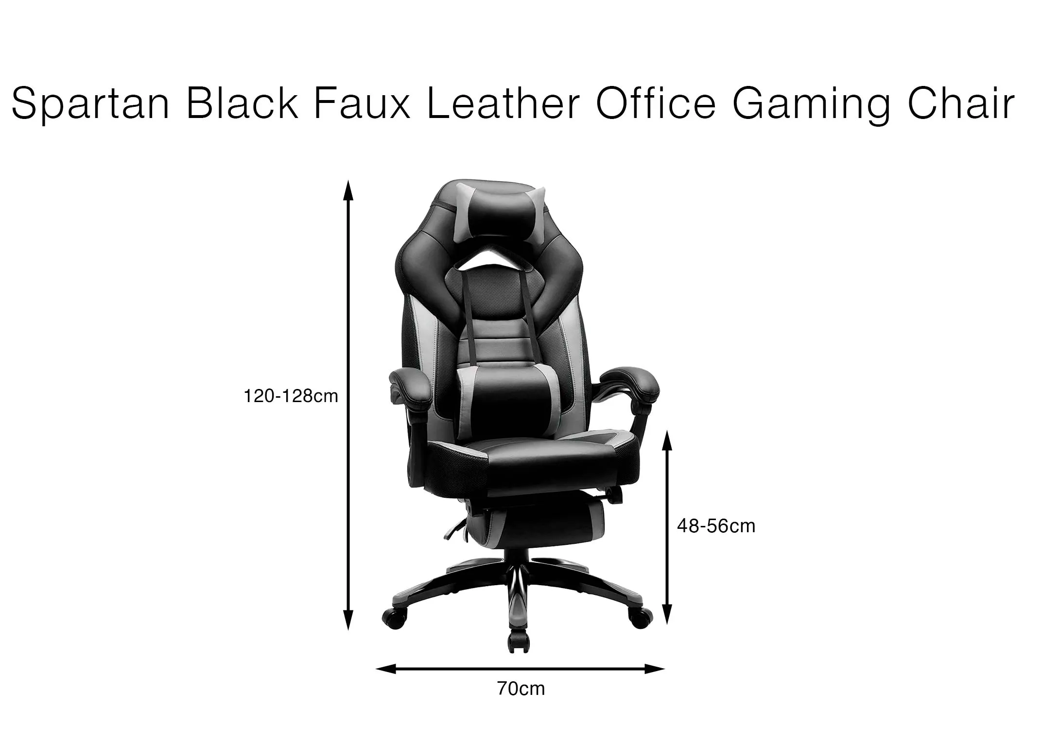A dimension image of the Spartan Gaming Chair with 70cm (Width) x48-56cm (SH) x 120-128cm (Height)