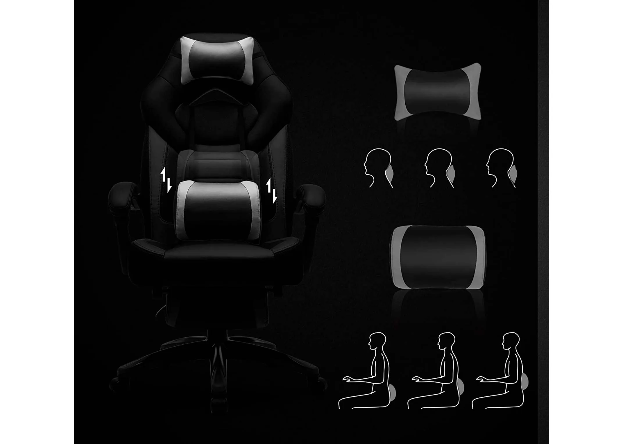 A black faux leather gaming chair with headrest from EZ Living's Spartan range. Detail view of adjustable neck & back support