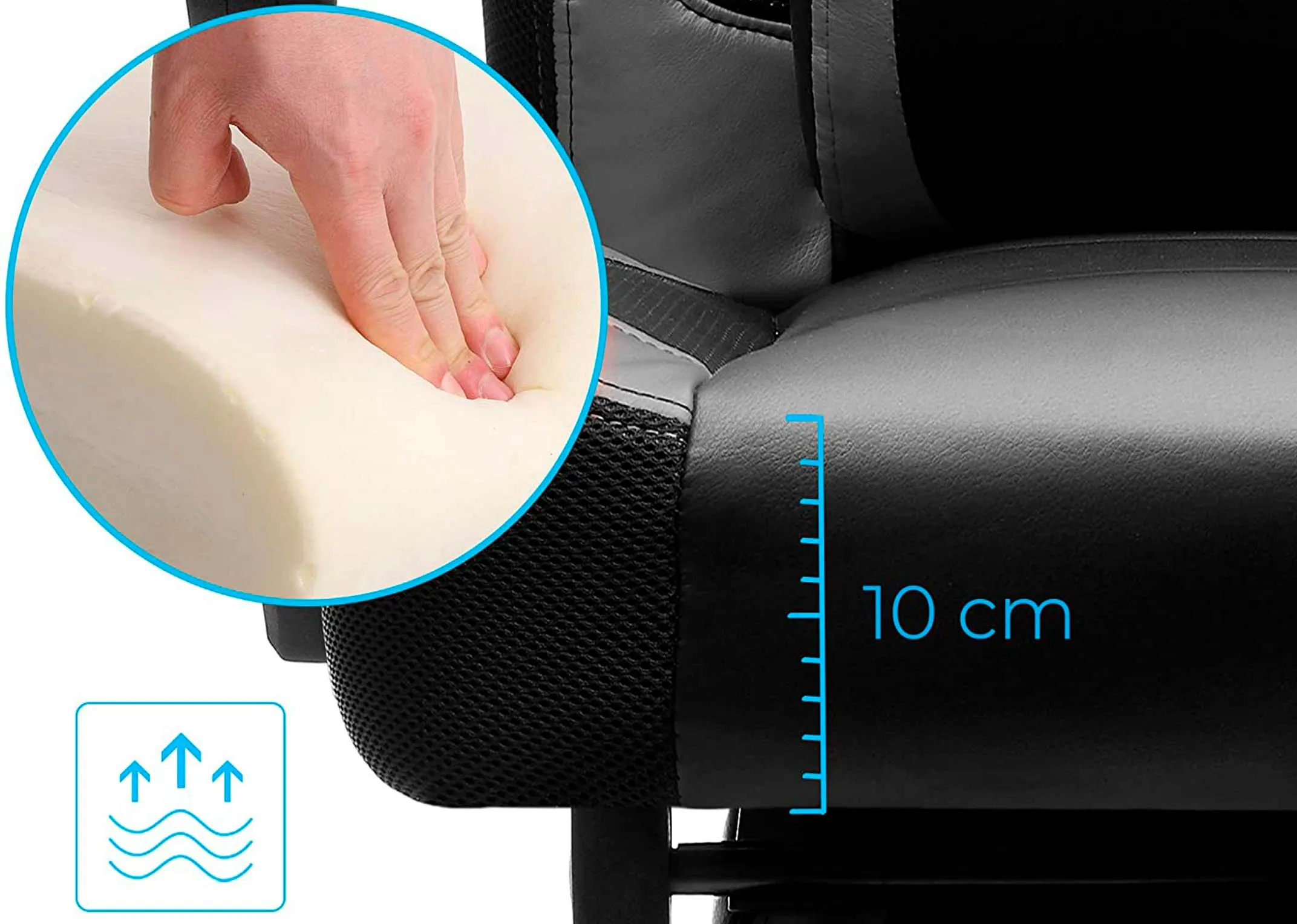 A black faux leather gaming chair with headrest from EZ Living's Spartan range. Closeup detail of 10cm padded seat