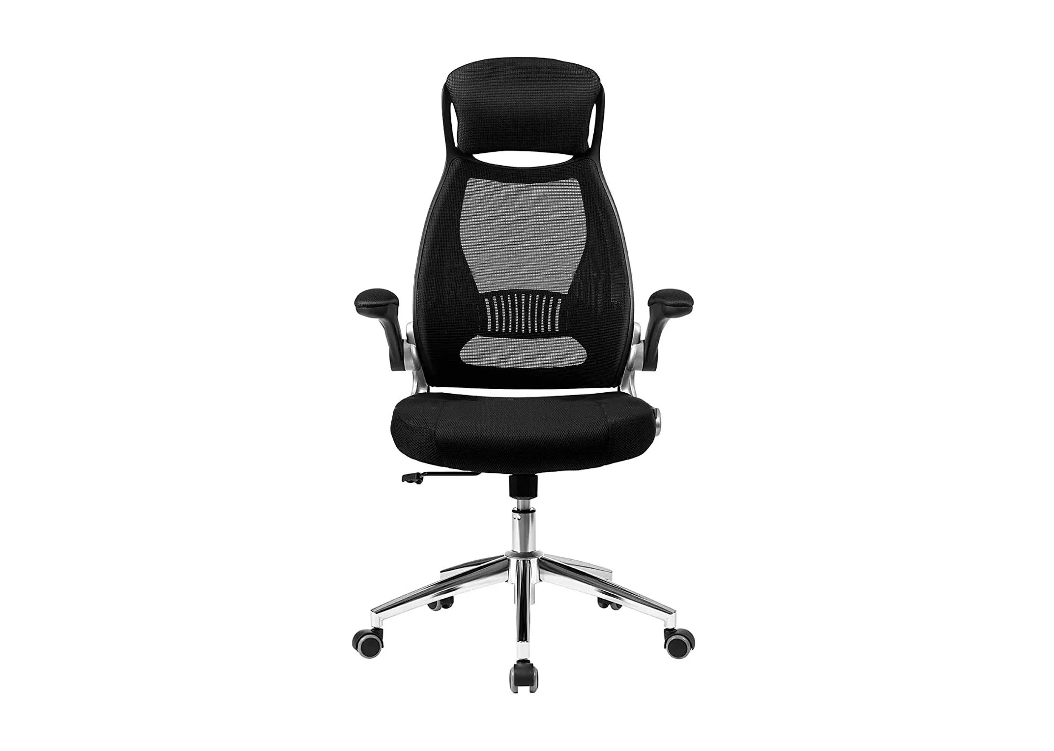 A black fabric swivel office chair with headrest from EZ Living's Enigma range. Front view of supportive headrest & back