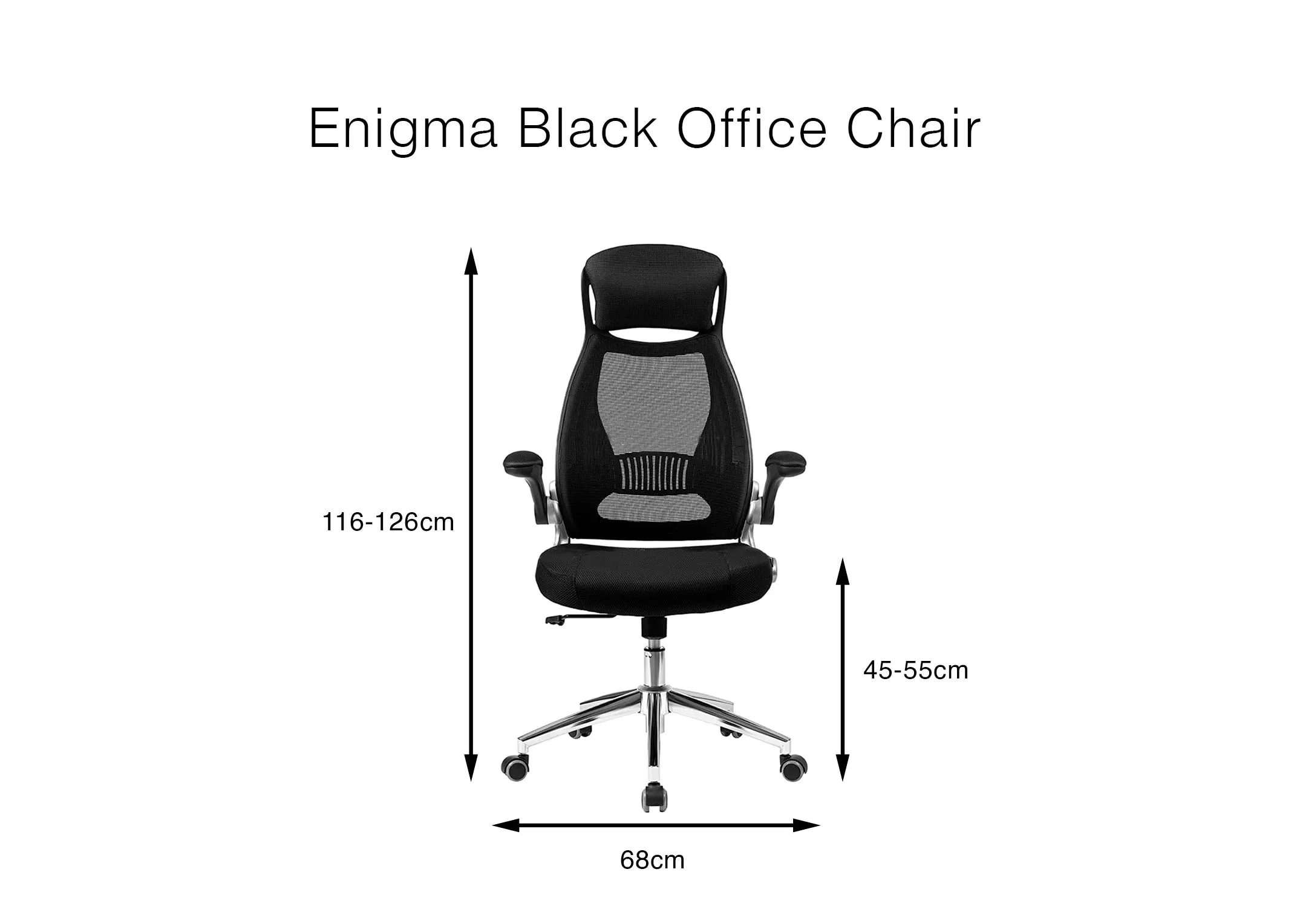 A dimension image of the Enigma Office Swivel Chair with 68cm (Width) x 45-55cm (SH) x 116-126cm (Height)