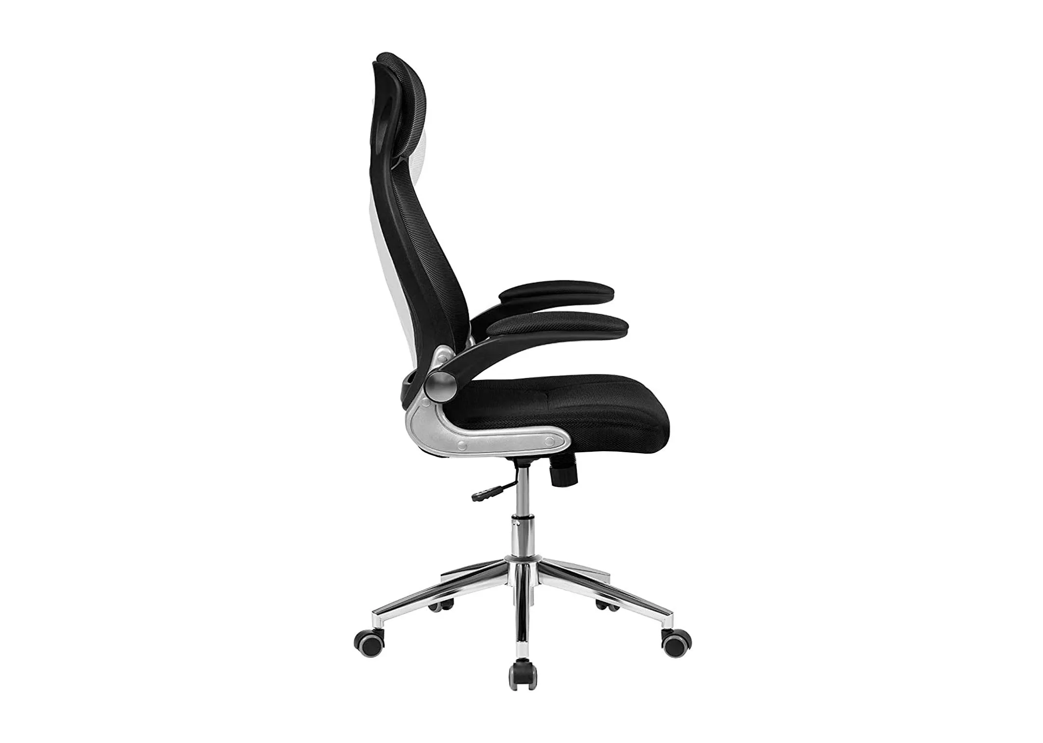 A black fabric swivel office chair with headrest from EZ Living's Enigma range. Side view of armrests & adjustable height lev