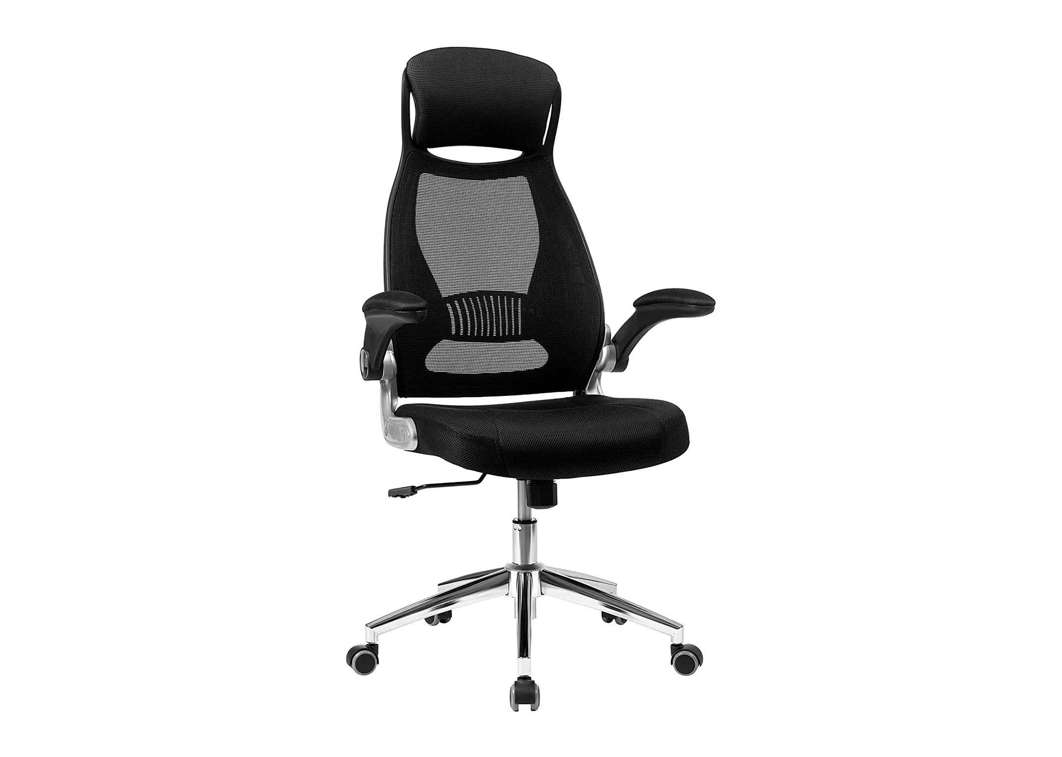 A black fabric swivel office chair with headrest from EZ Living's Enigma range. Angled view of silver base.