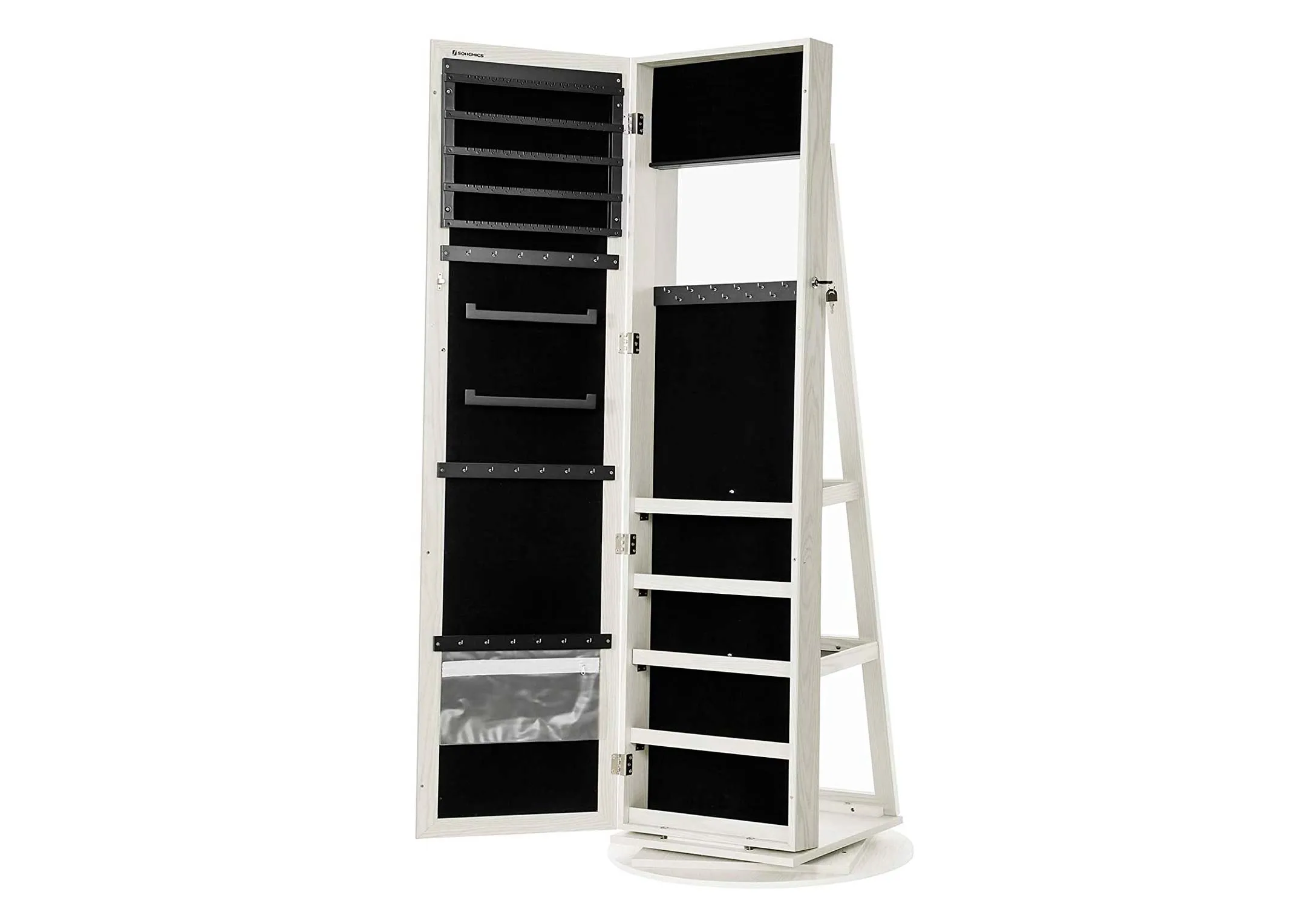 A white rectangular full length armoire from EZ Living's Amie range. Angled view of armoire open revealing storage space.