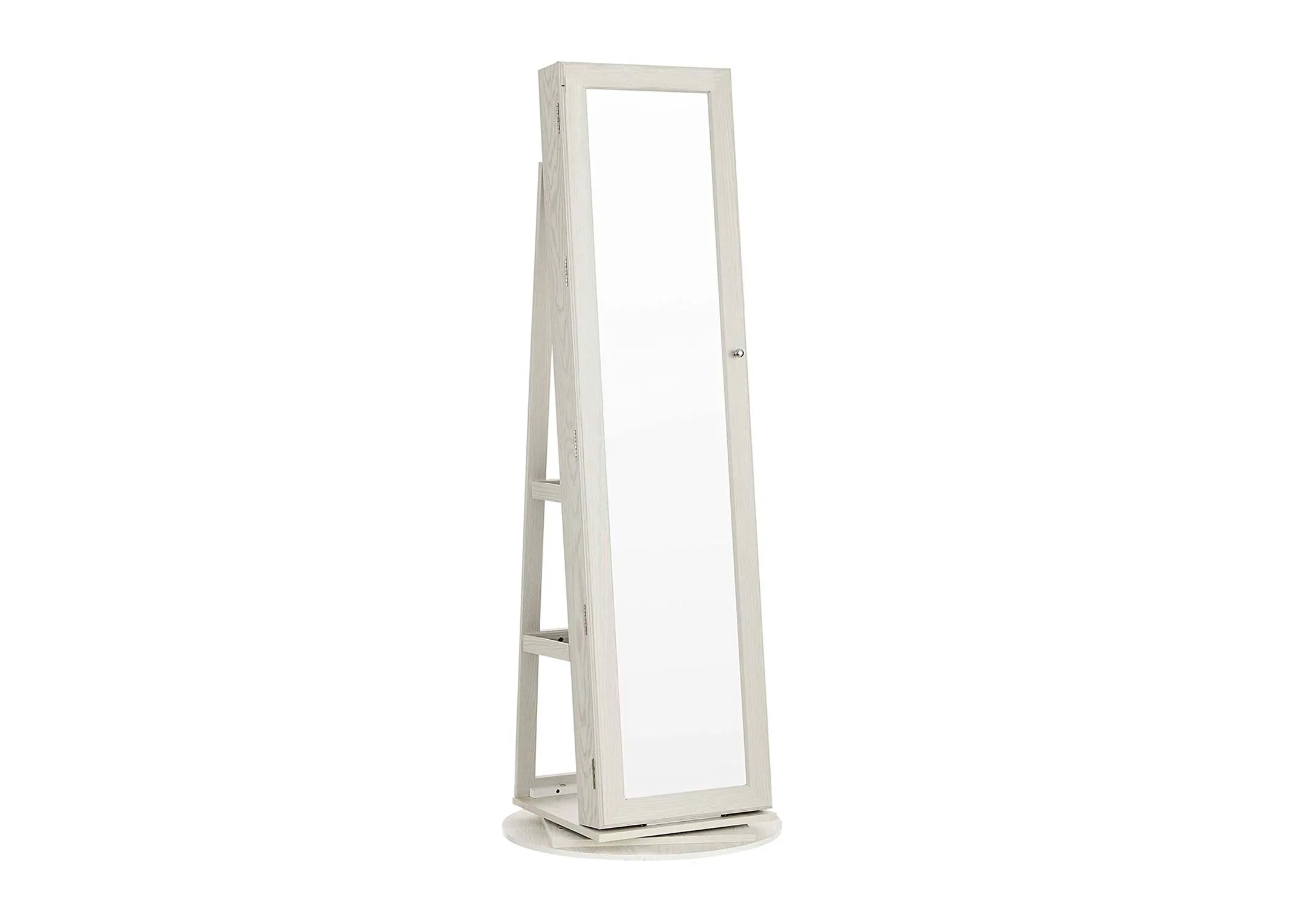 A white rectangular full length mirror on stand from EZ Living's Amie range. Angled view of armoire closed as mirror.