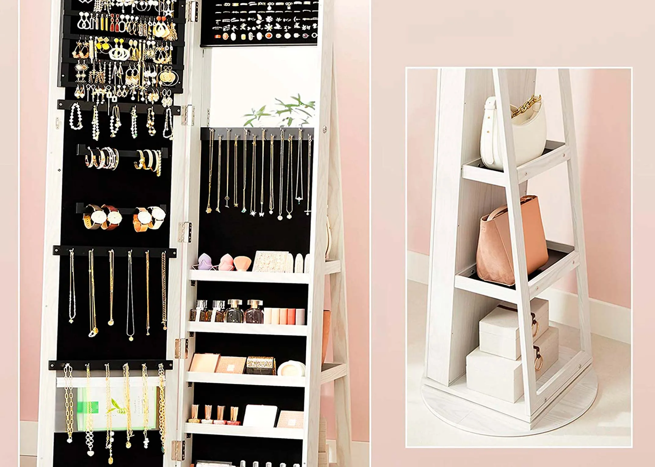 A white armoire mirror on stand from EZ Living's Amie range. View of jewellery solution