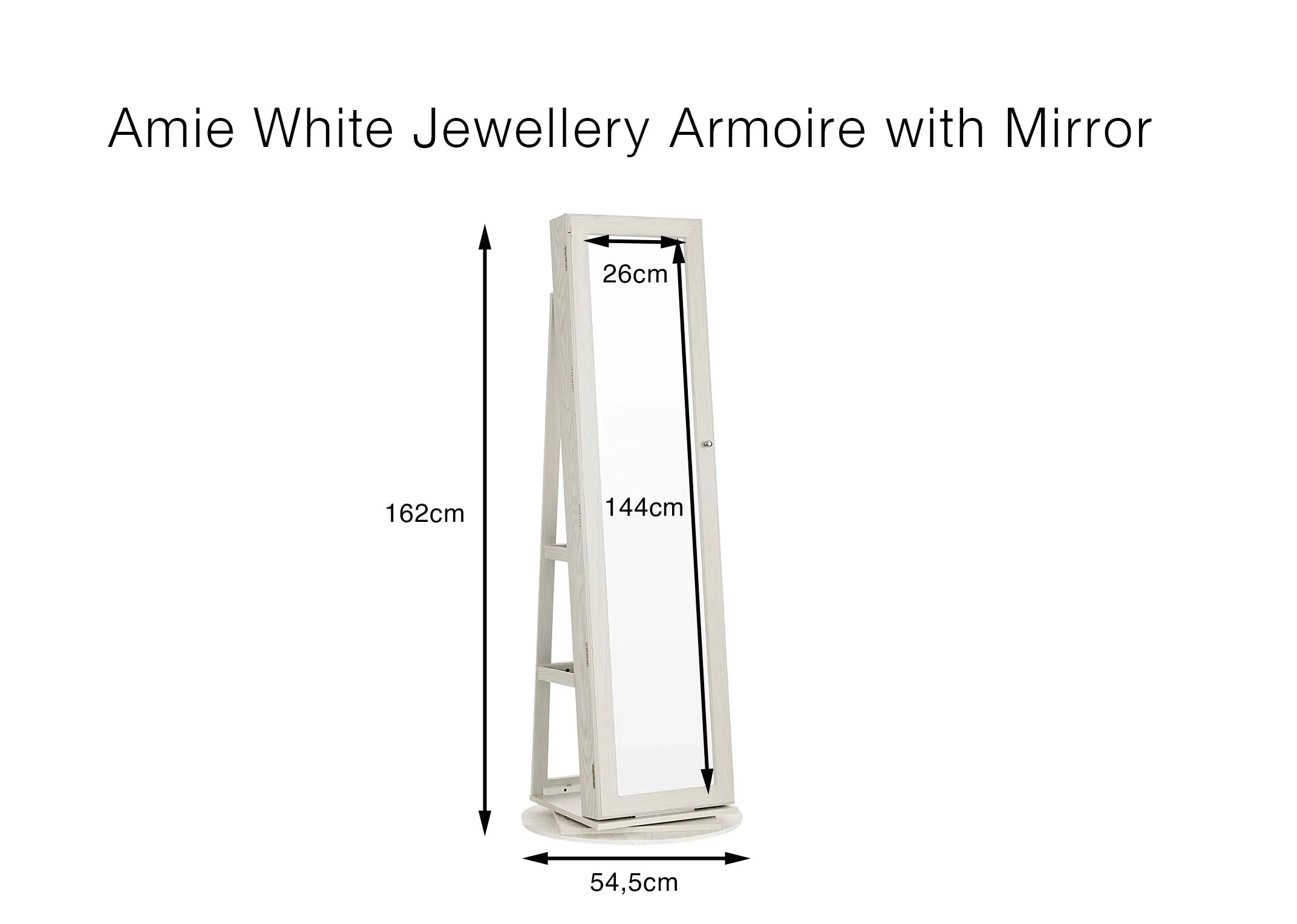 A dimension image for the Amie Armoire with Mirror with 54.5cm x 162cm (Height) x 26cm (Depth)