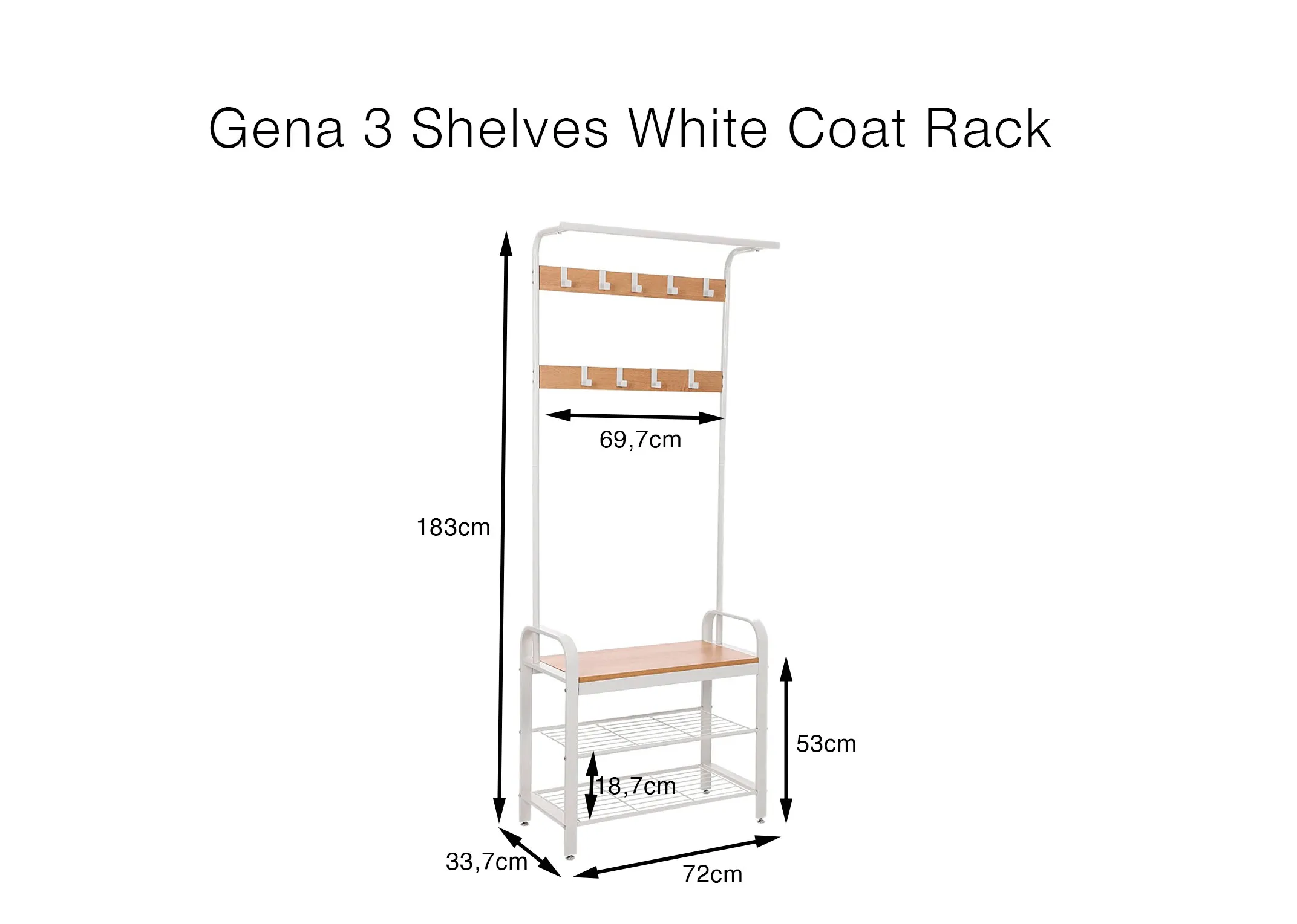 A dimension image of of the Gena Coat Rack with 73.5cm x 183cm x 33.7cm