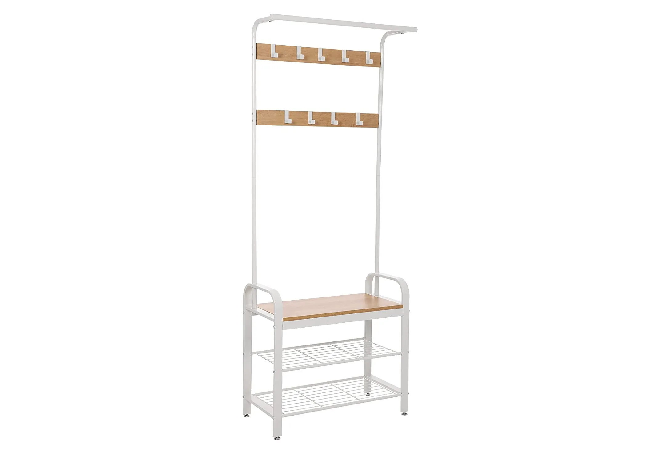 A white metal coat rack with 3 shelves &10 hooks from EZ Living's Gena range. Angled view of wood shelf.