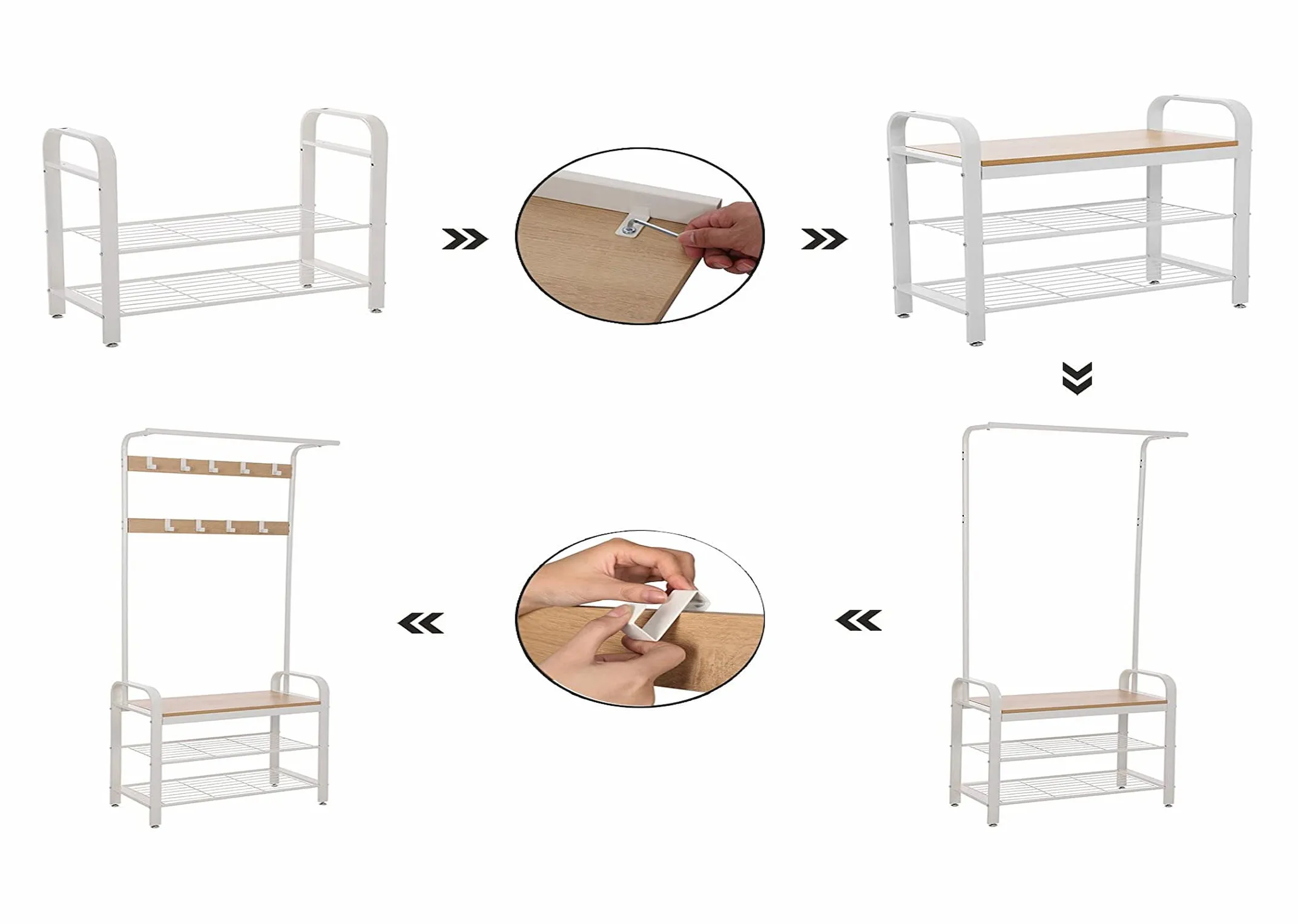 A white metal coat rack with 3 shelves &10 hooks from EZ Living's Gena range. Assembly guide