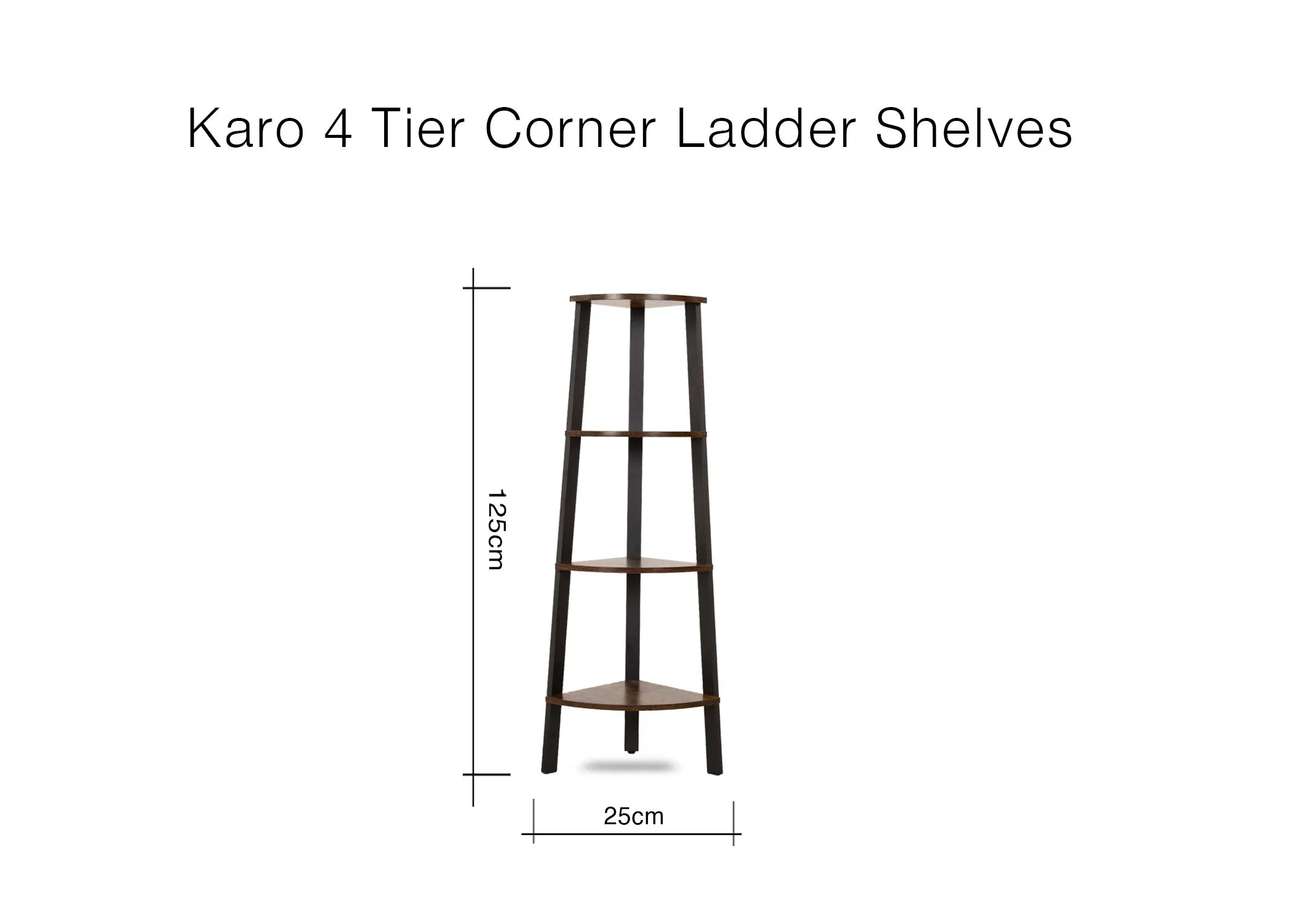 A dimension image of the Karo Corner Ladder Shelves with 125cm (Height) x 34cm /9Width) x (Depth)
