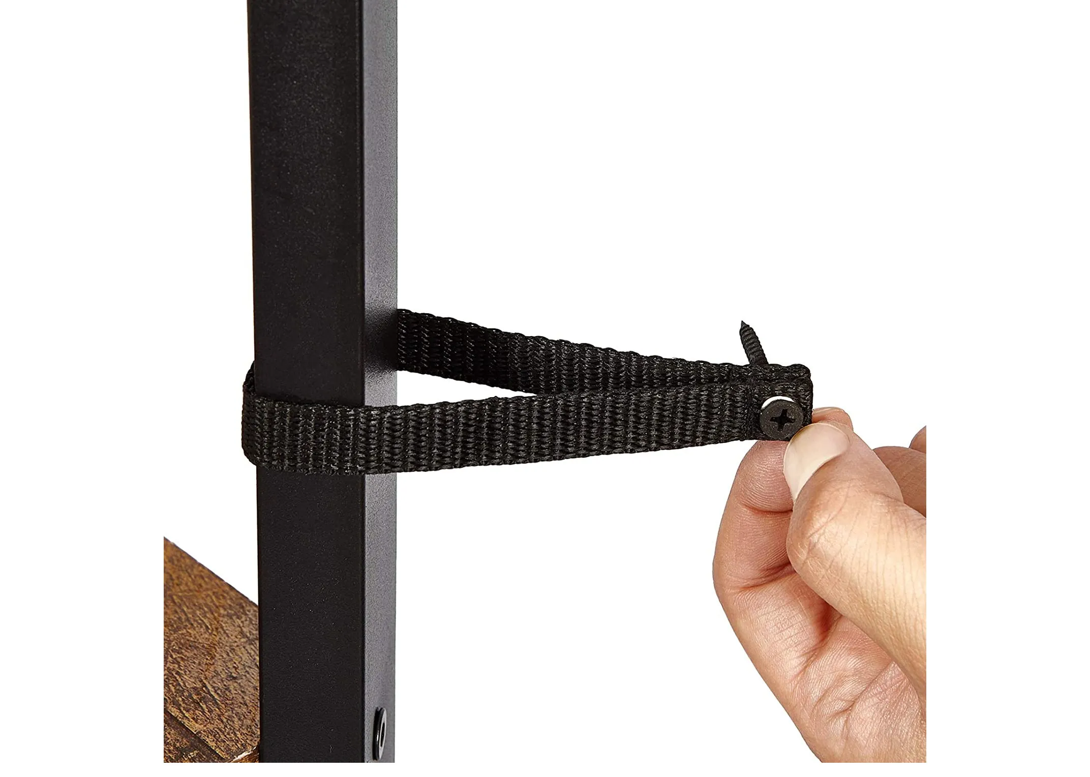 A corner ladder shelving unit with 4 wood shelves from EZ Living's Karo range. Closeup of fittings