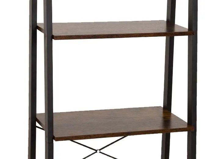 A large ladder display unit with 5 wood shelves from EZ Living Furnitures Lear range. Closeup of rustic wood texture.