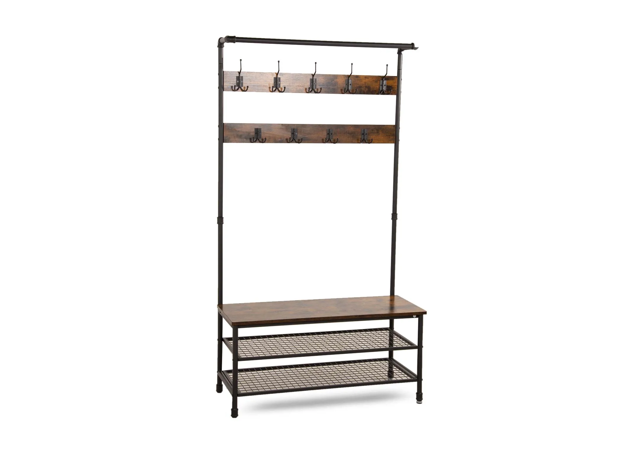 Large Rustic Brown Coat Stand & Metal Shoe Rack - Yaga
