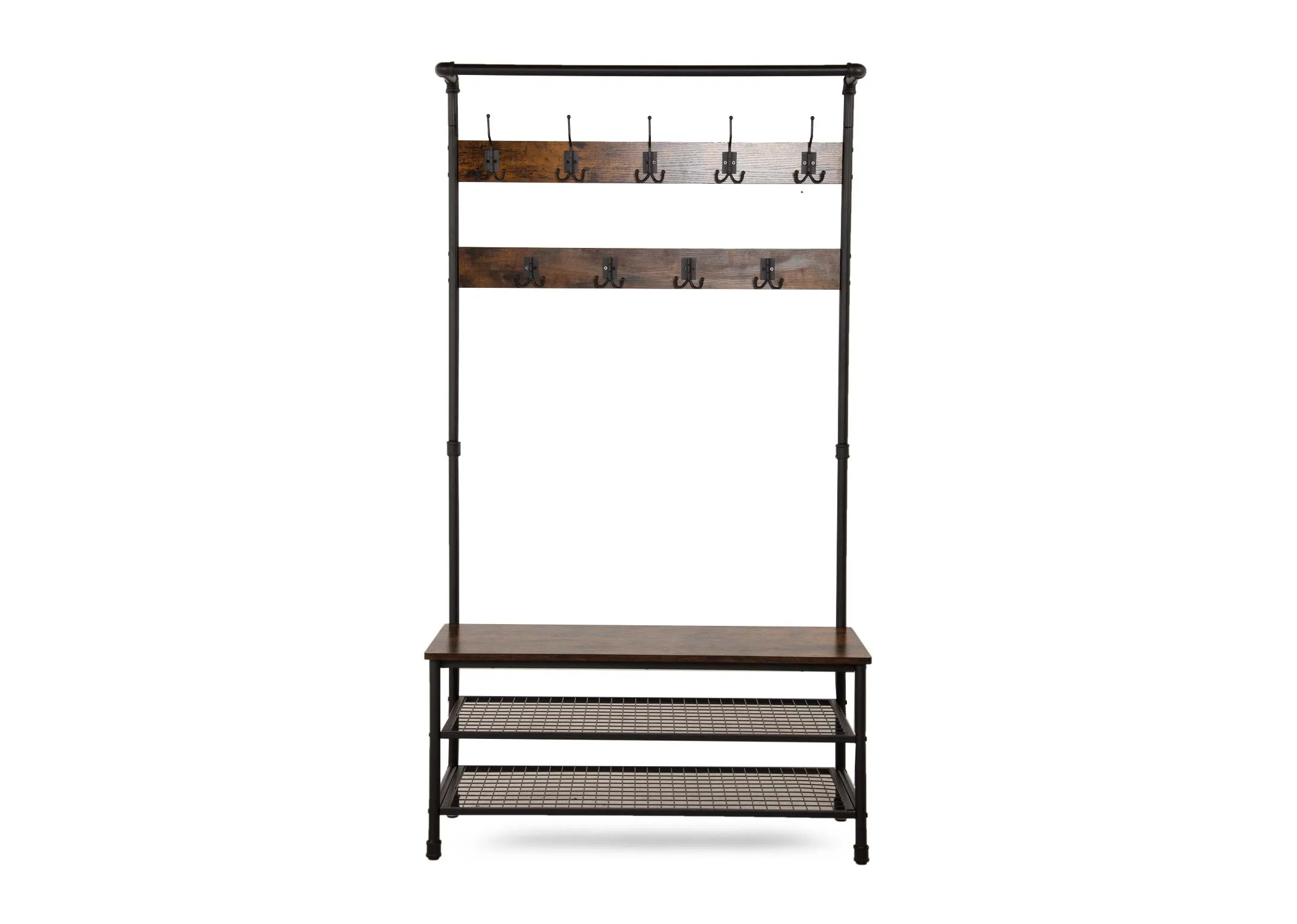 A coat stand with 10 hooks and 3 shelves from EZ Livings Yaga range. Front view of 2 lower mesh shelves