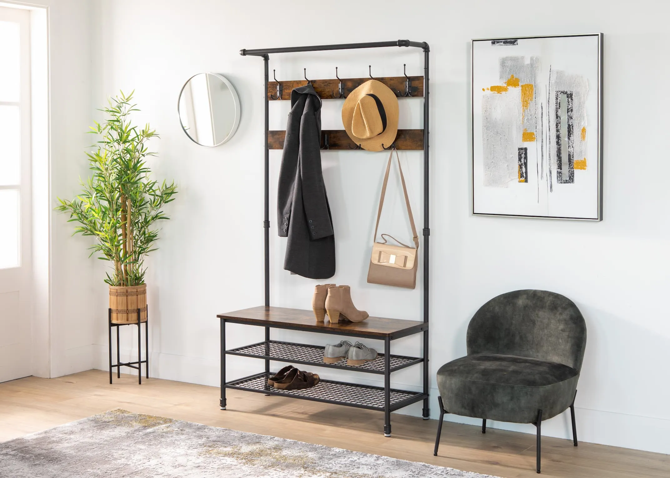 Large Rustic Brown Coat Stand & Metal Shoe Rack - Yaga