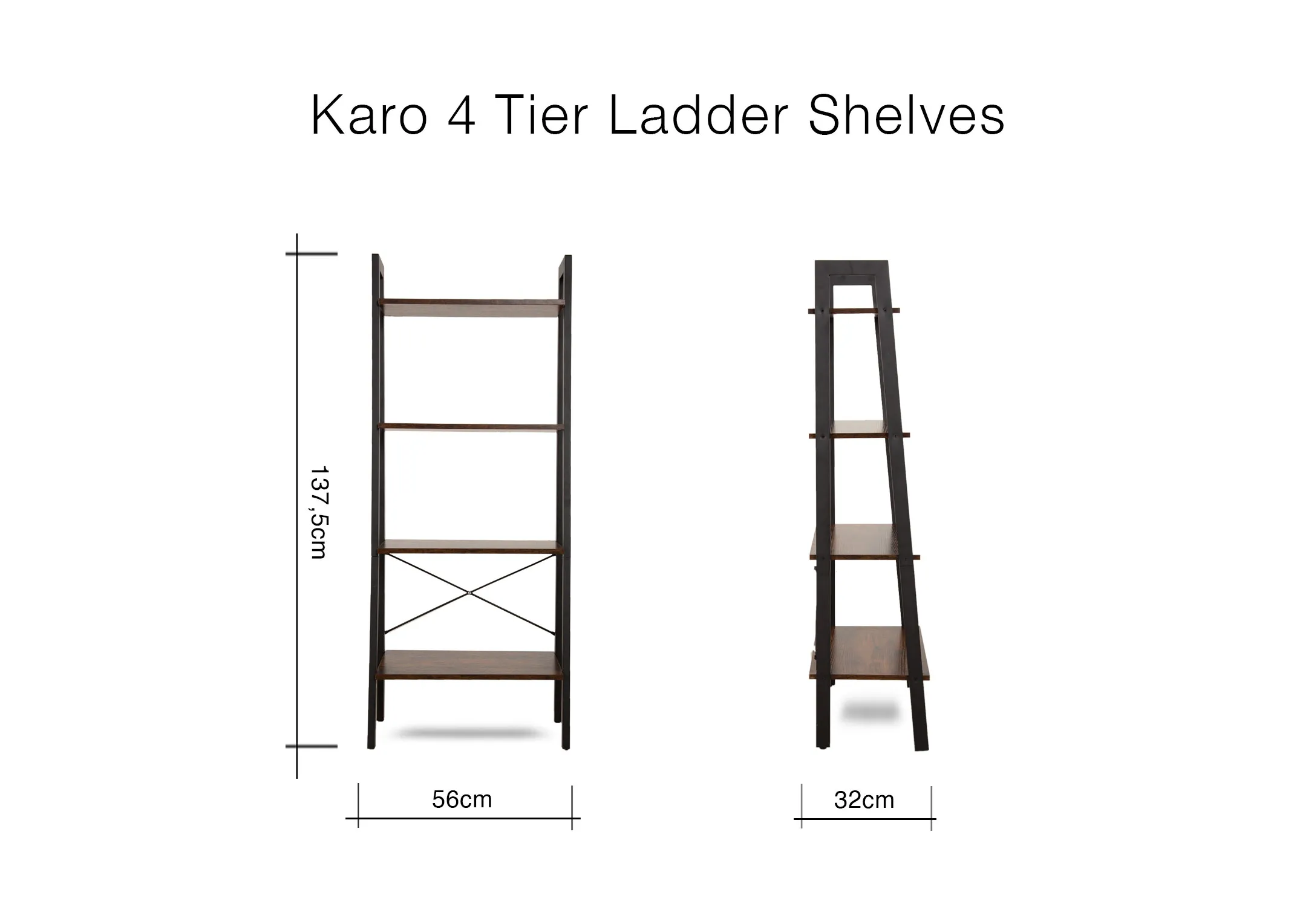 A dimension image of the Karo Brown Ladder Shelves with 137.5cm (Height) x 56cm (Width) x 34cm (Depth)