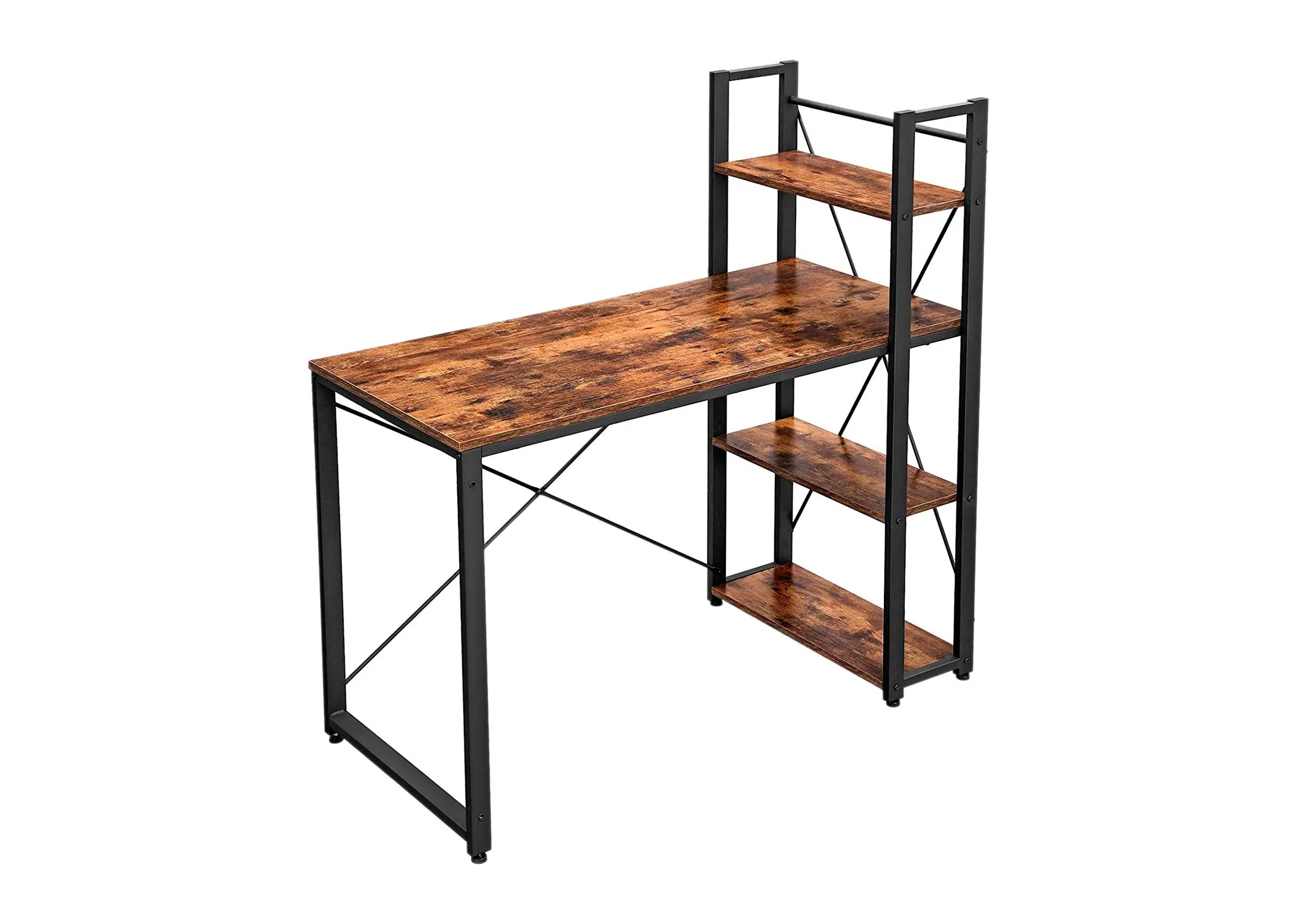 A rustic brown computer desk with side shelving unit from EZ Living Furniture's Cero range. Angled view of 3 shelves.