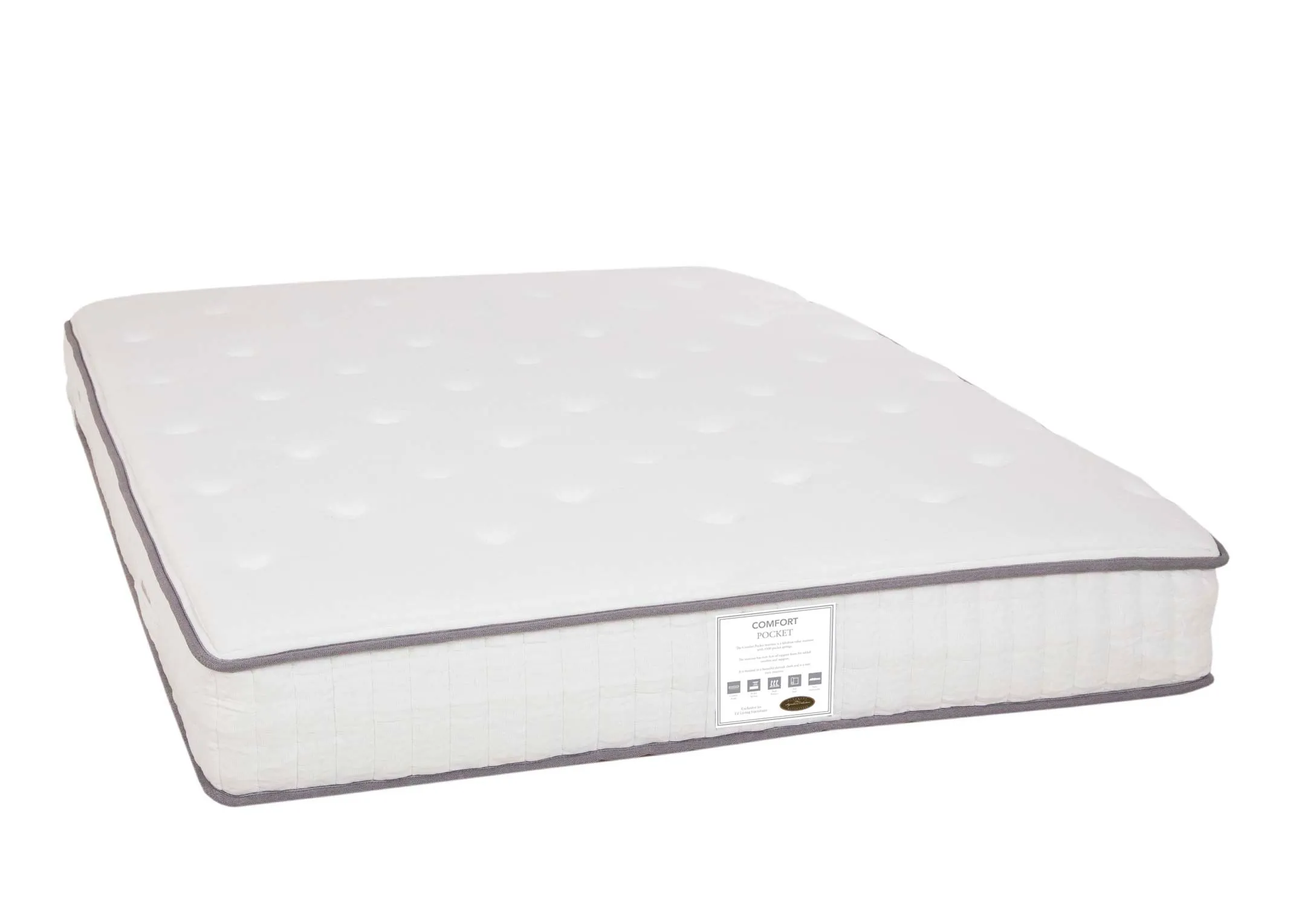 A single 3ft pocket sprung mattress from EZ Livings Comfort Pocket range. Angled view of mattress.