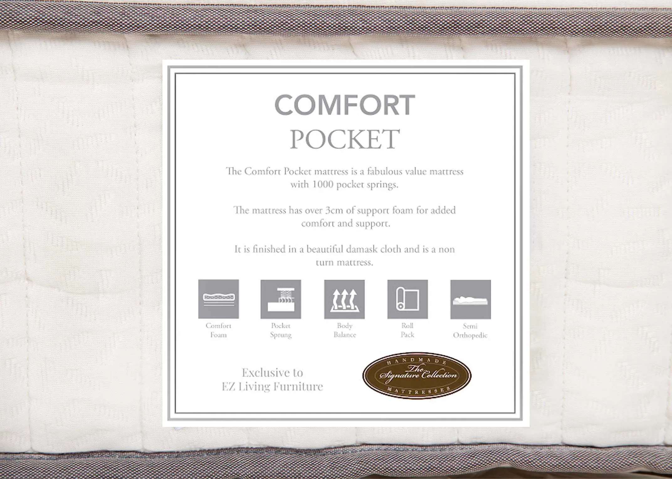 A comfort pocket brand label in a closeup showing benefits including pocket spring and semi orthapedic.