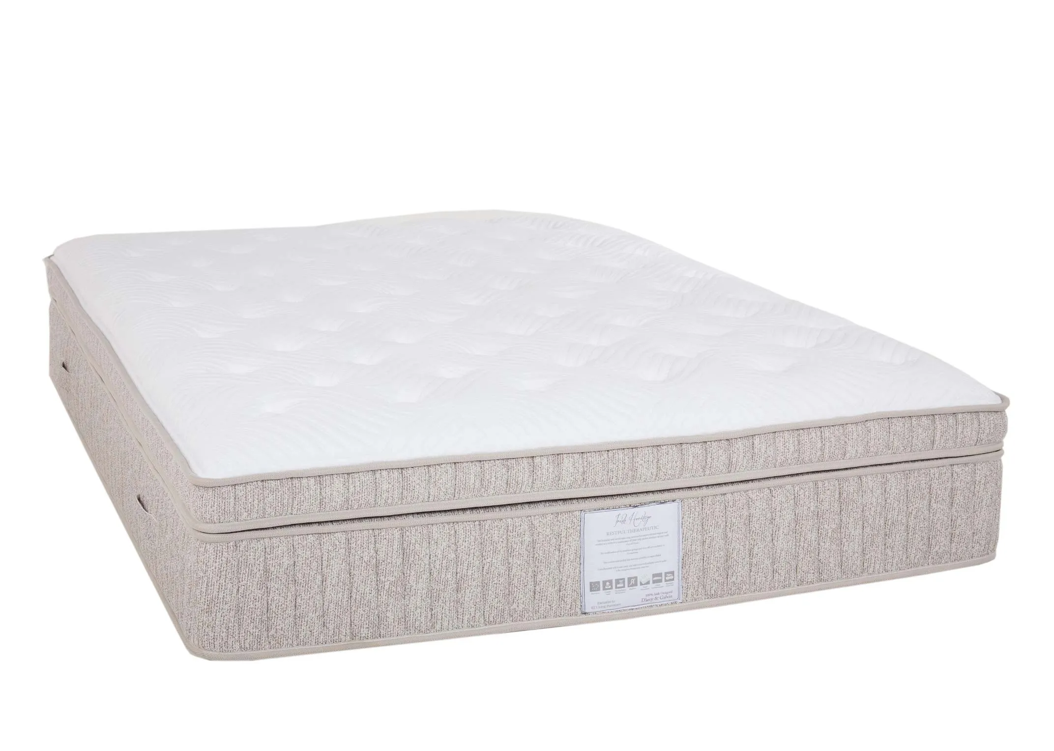 A double 4ft6 medium box top mattress from EZ Livings Restful Therapeutic range. Angled view of thick textured sides
