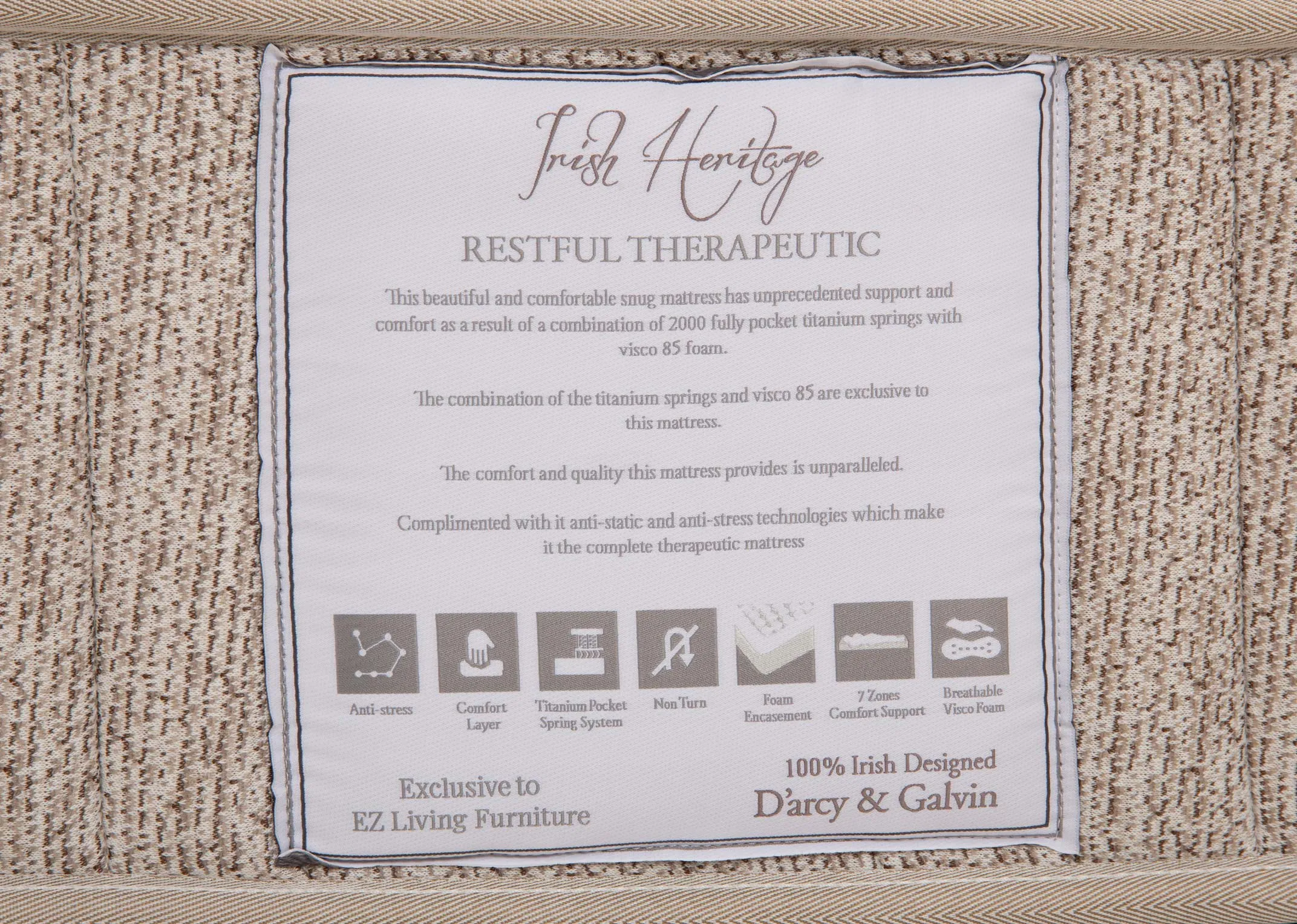 A king 5ft medium box top mattress from EZ Livings Restful Therapeutic range. Closeup pf branding