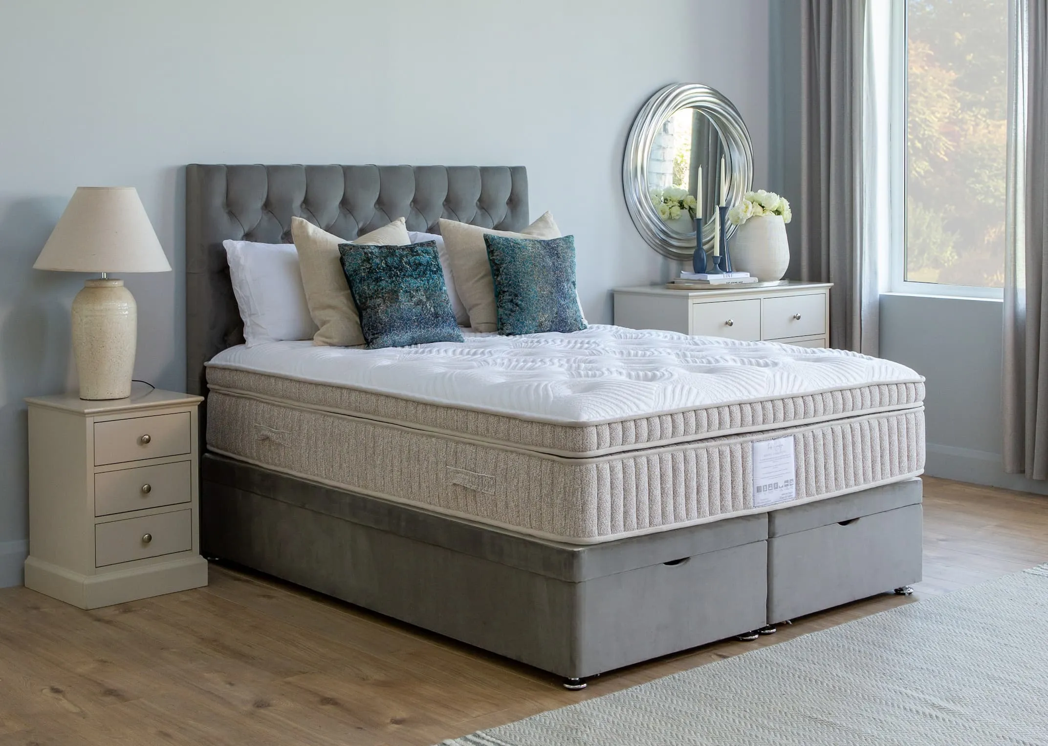 A lifestyle image of the Ottoman Bed with Palma Headboard & the Restful therapeutic mattress with rivendale lockers