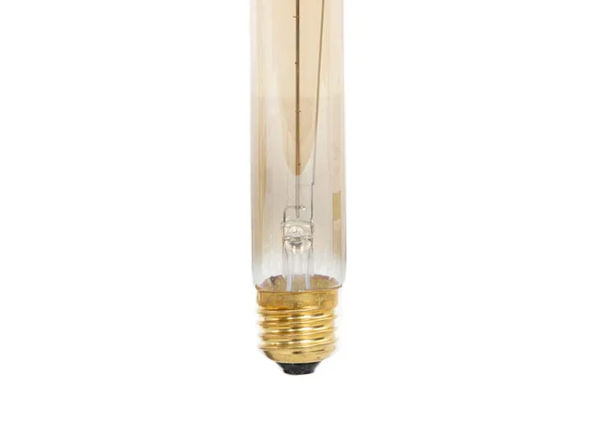 An amber tube shaped LED light bulb from EZ Livings light bulb range. Closeup of gold E27 fitting