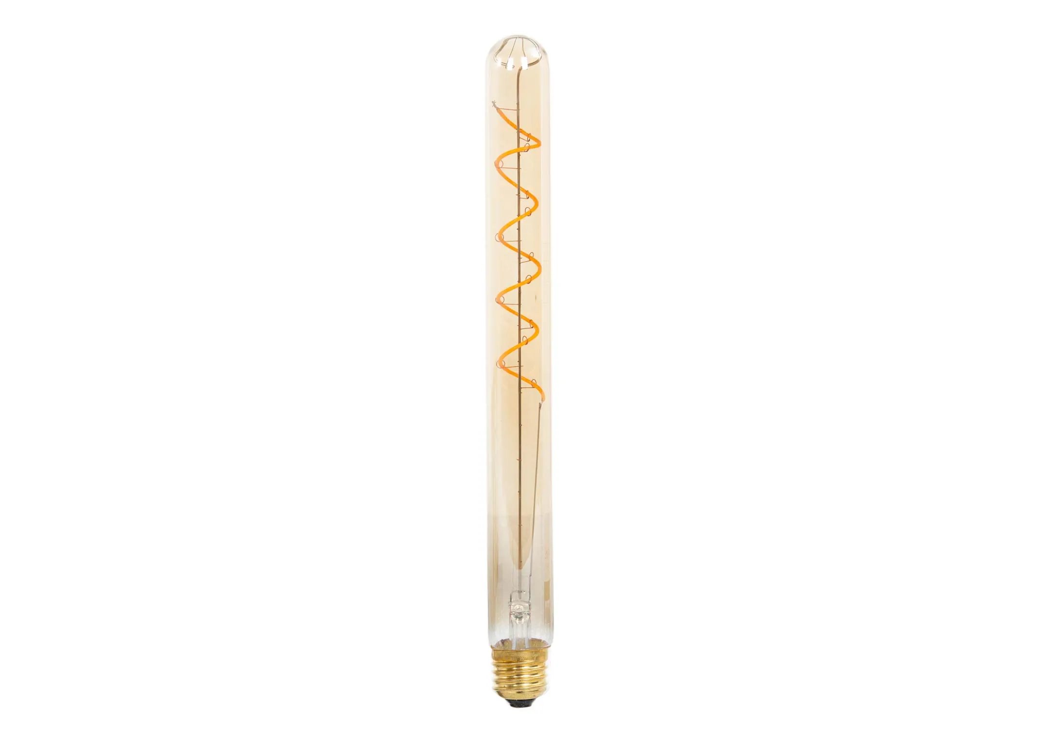 An amber tube shaped LED light bulb from EZ Livings light bulb range. Front view of visible element.