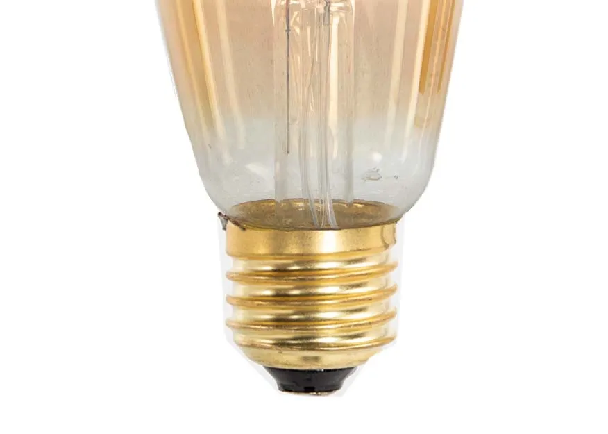 A 4w angular amber light bulb with gold fitting and visible element from EZ Livings Vintage LED range. Closeup view of E27 fitting