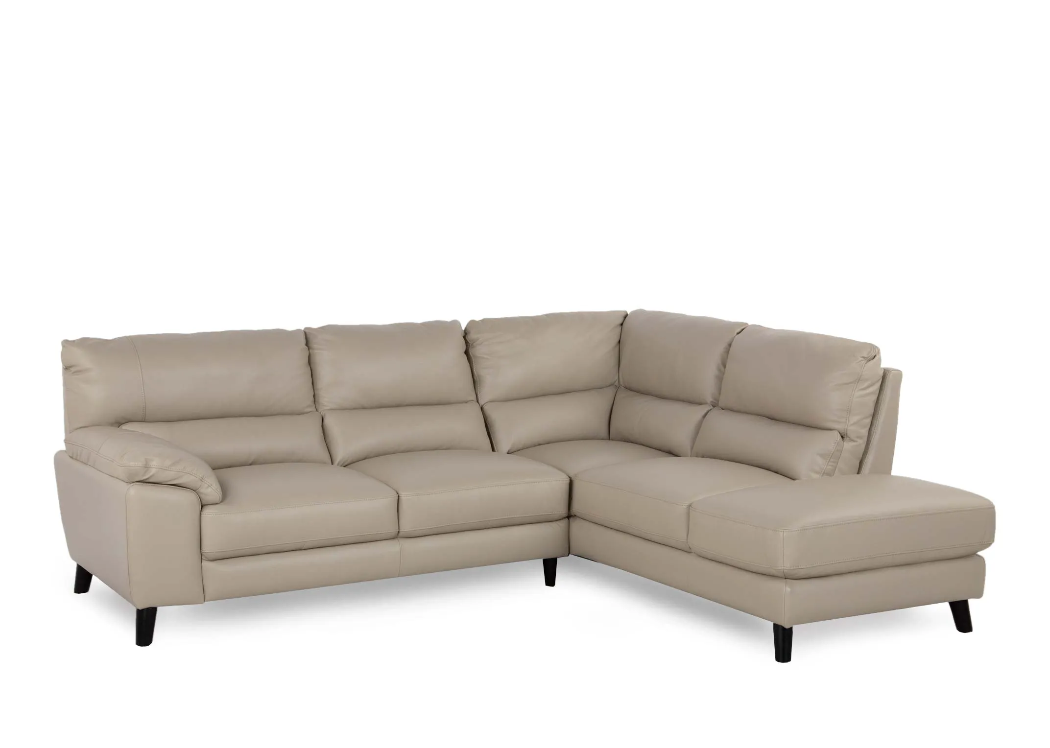 A light grey leather LAF corner chaise from EZ Livings Alfredo range. Angled view of 2 seater