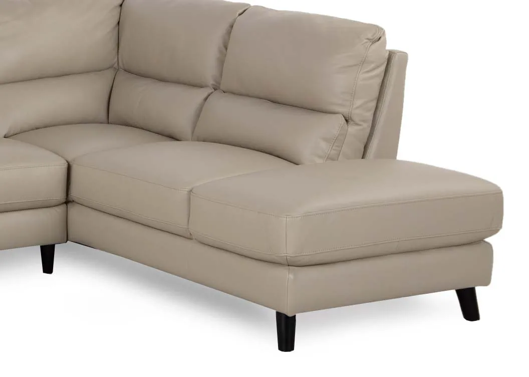 A light grey leather LAF corner chaise from EZ Livings Alfredo range Closeup of chaise with dark wood legs